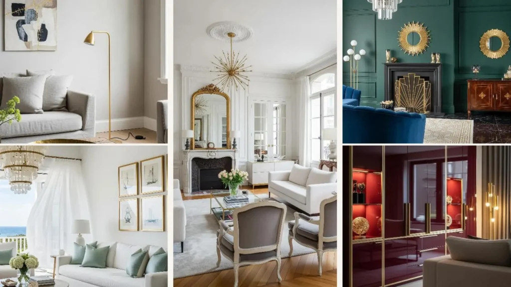 Collage von luxuriösen Wohnzimmern mit edlen, goldenen Details als Inspiration.