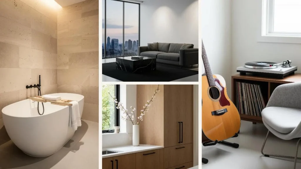 Bildcollage, die das ruhige und cleane Design einer minimalistischen Männerwohnung zeigt.