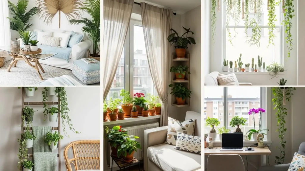 Natürliche Boho-Wohnzimmer-Ideen für Pflanzenliebhaber: Ein heller Raum voller Pflanzen für wenig Platz.