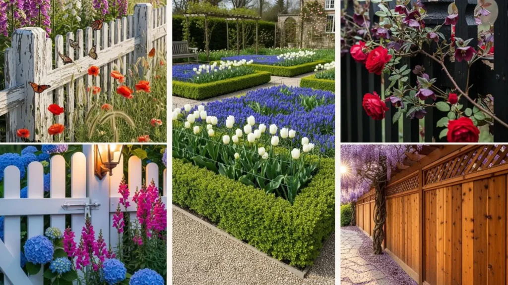 Nostalgischer weißer Gartenzaun mit bunten Blumen im charmanten englischen Cottage-Stil.