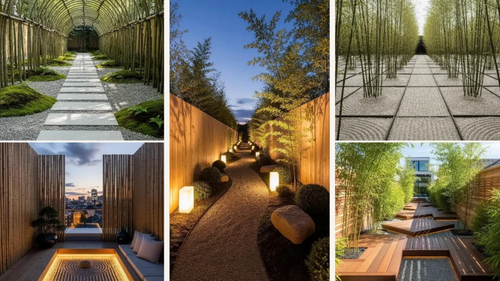 Stilvoller, schmaler Japandi-Garten mit einem Weg aus Kies, umrahmt von hohen Bambuspflanzen.