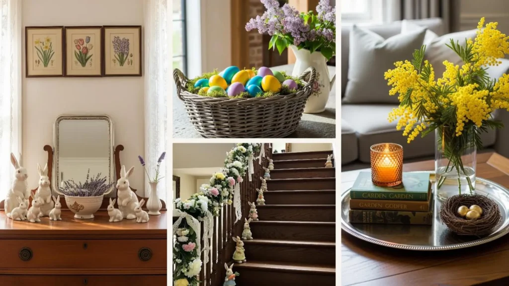 Frühlingsdeko mit Hasen, Blumen und bunten Ostereiern für ein gemütliches Familienhaus.