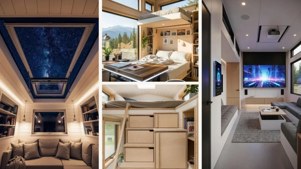 Eine Collage von Tiny Houses, die Minimalismus und maximale Funktion durch clevere Einrichtungslösungen zeigen.