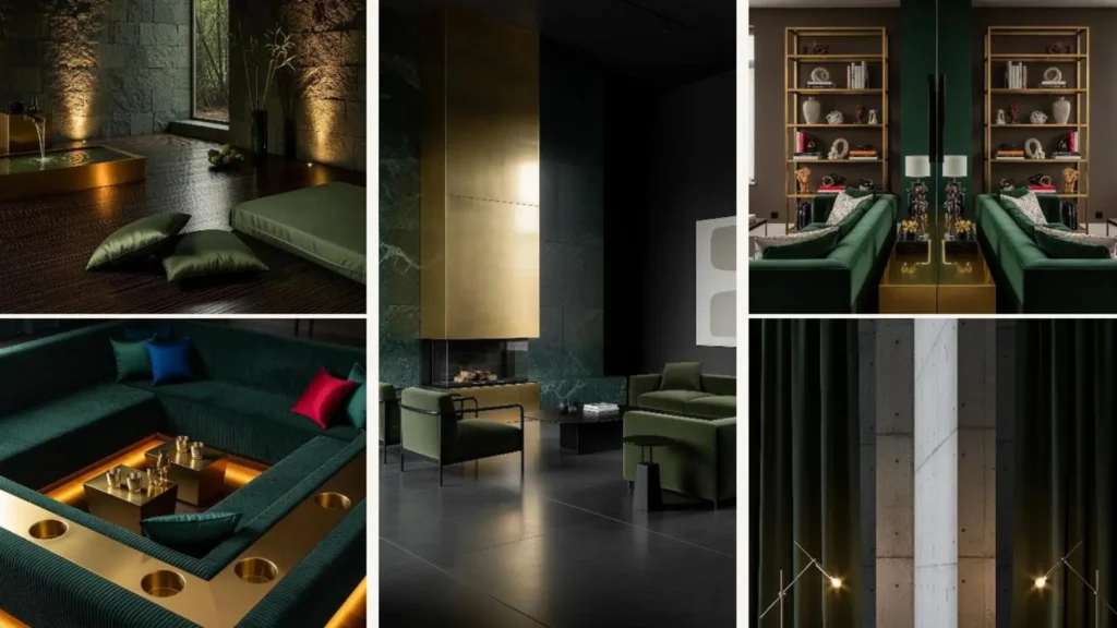 Dunkles, luxuriöses Wohnzimmer mit Sofa in tiefem Grün und eleganten Akzenten aus Messing.