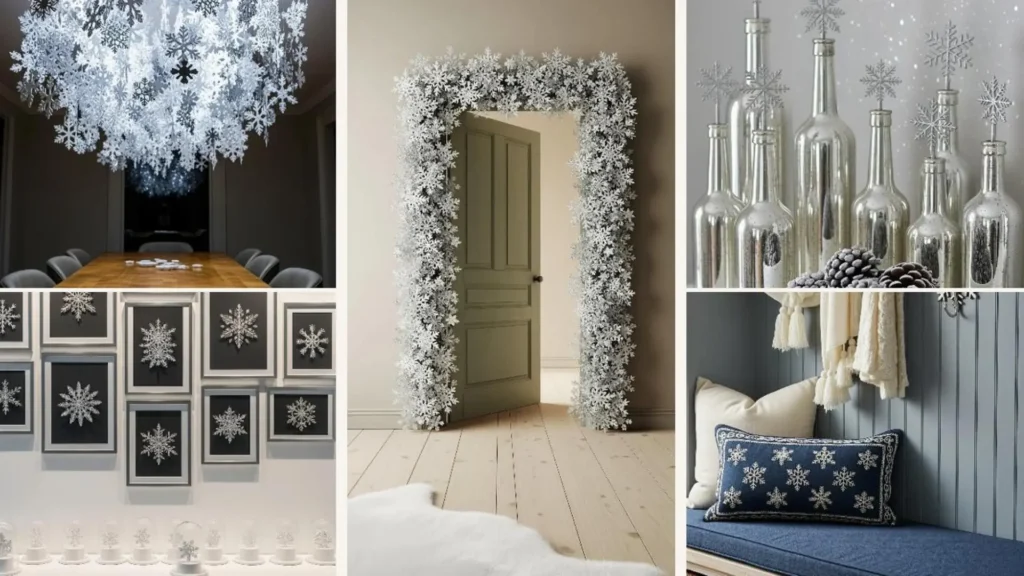 Diverse winterliche Schneeflocken-Deko-Ideen für ein festliches Zuhause ohne Weihnachtsbaum.
