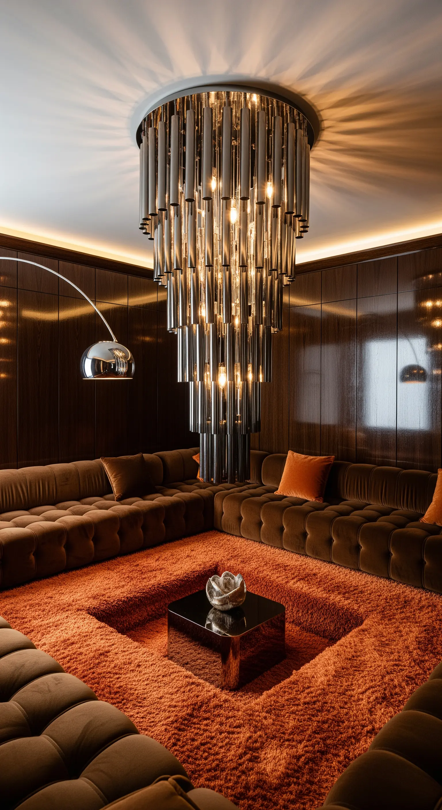 Kaskadierender Chrom-Kronleuchter über einer versunkenen Lounge mit orangefarbenem Teppich.