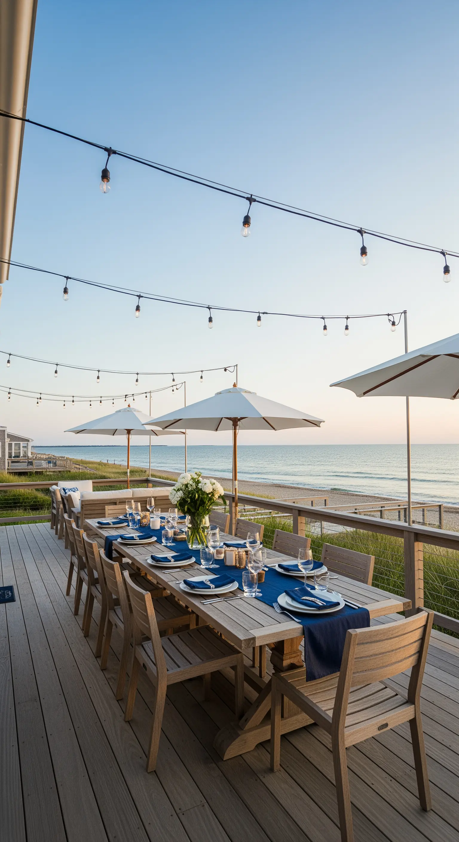 Outdoor-Essbereich am Strand mit Holztisch, Lichterketten und Meerblick