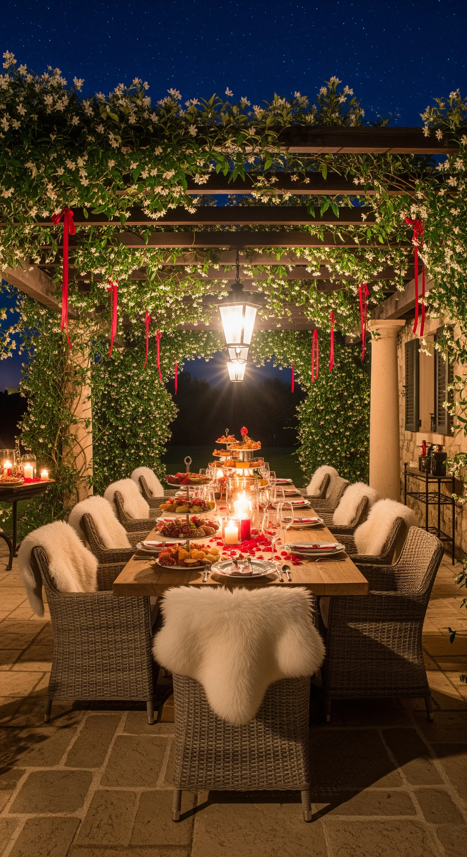 Üppige Pergola mit Rankpflanzen, roter Deko und festlich gedecktem Tisch.