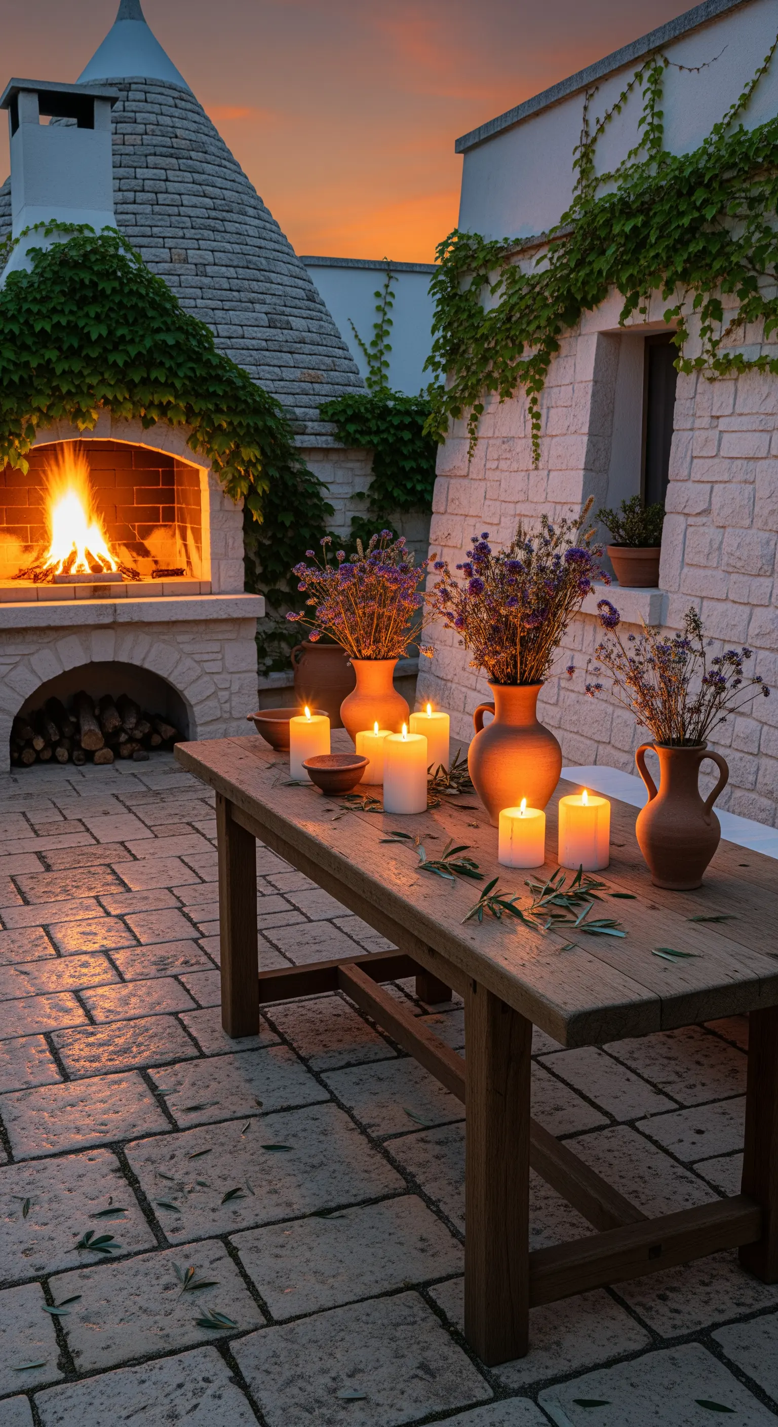 Rustikaler Holztisch mit Kerzen, Terrakotta-Vasen und Kaminfeuer bei Sonnenuntergang