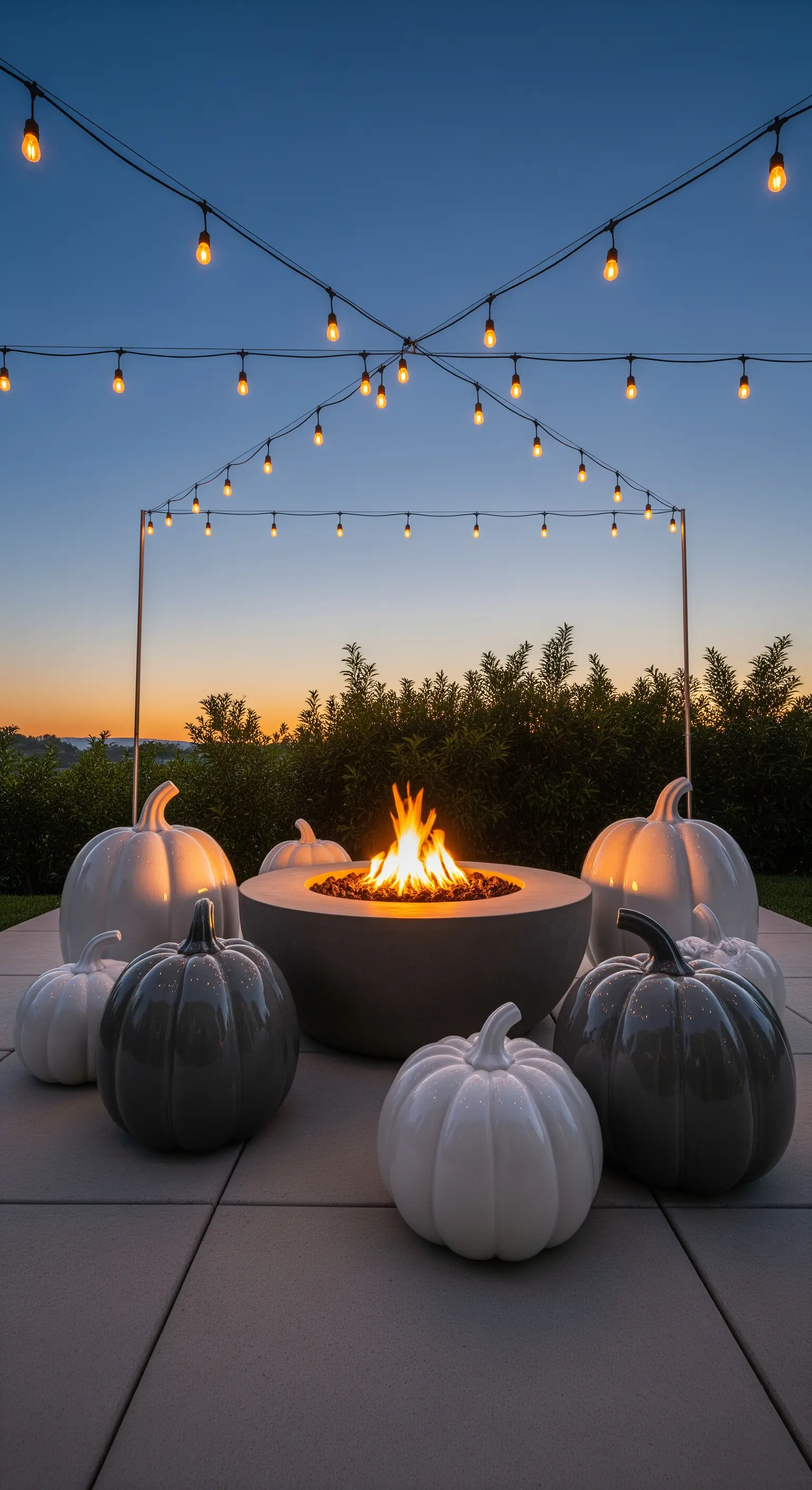 Terrasse mit Feuerstelle, Lichterketten, großen weißen und grauen Keramikkürbissen bei Sonnenuntergang.