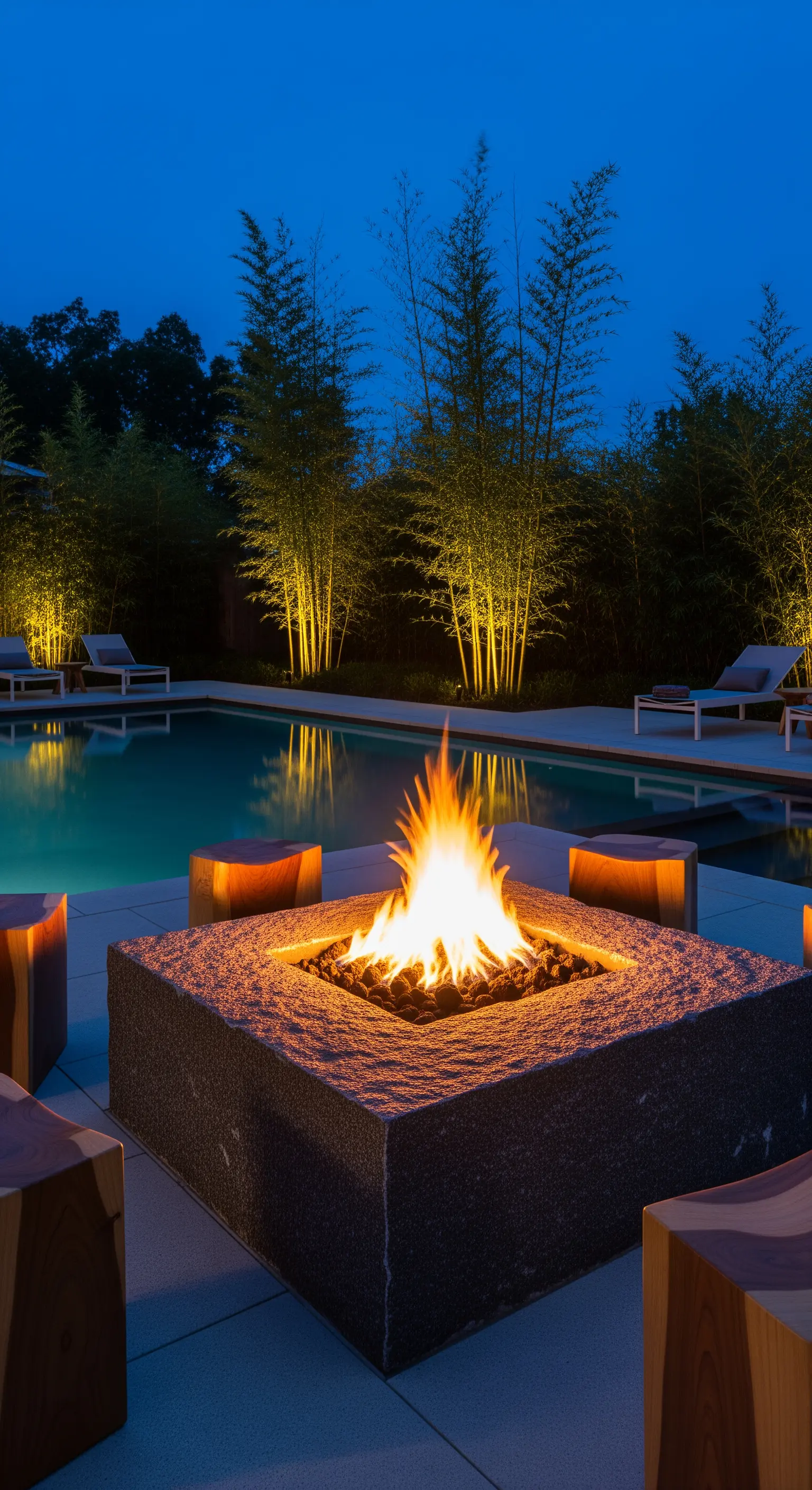 Abendliche Feuerstelle aus Stein mit Holzhockern am Pool, beleuchteter Bambus im Hintergrund