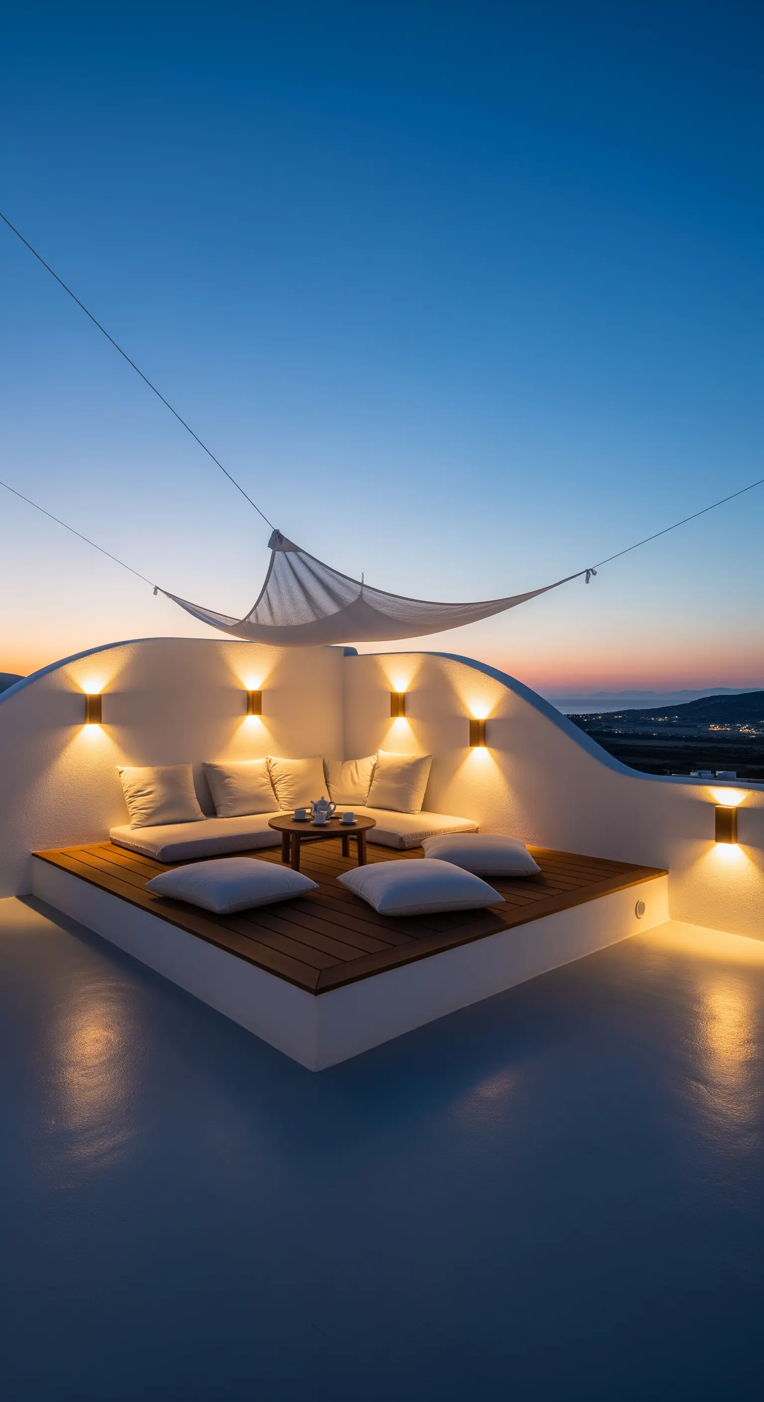 Japandi-Kuschel-Nische mit Holzboden, Polstern und indirekter Beleuchtung.