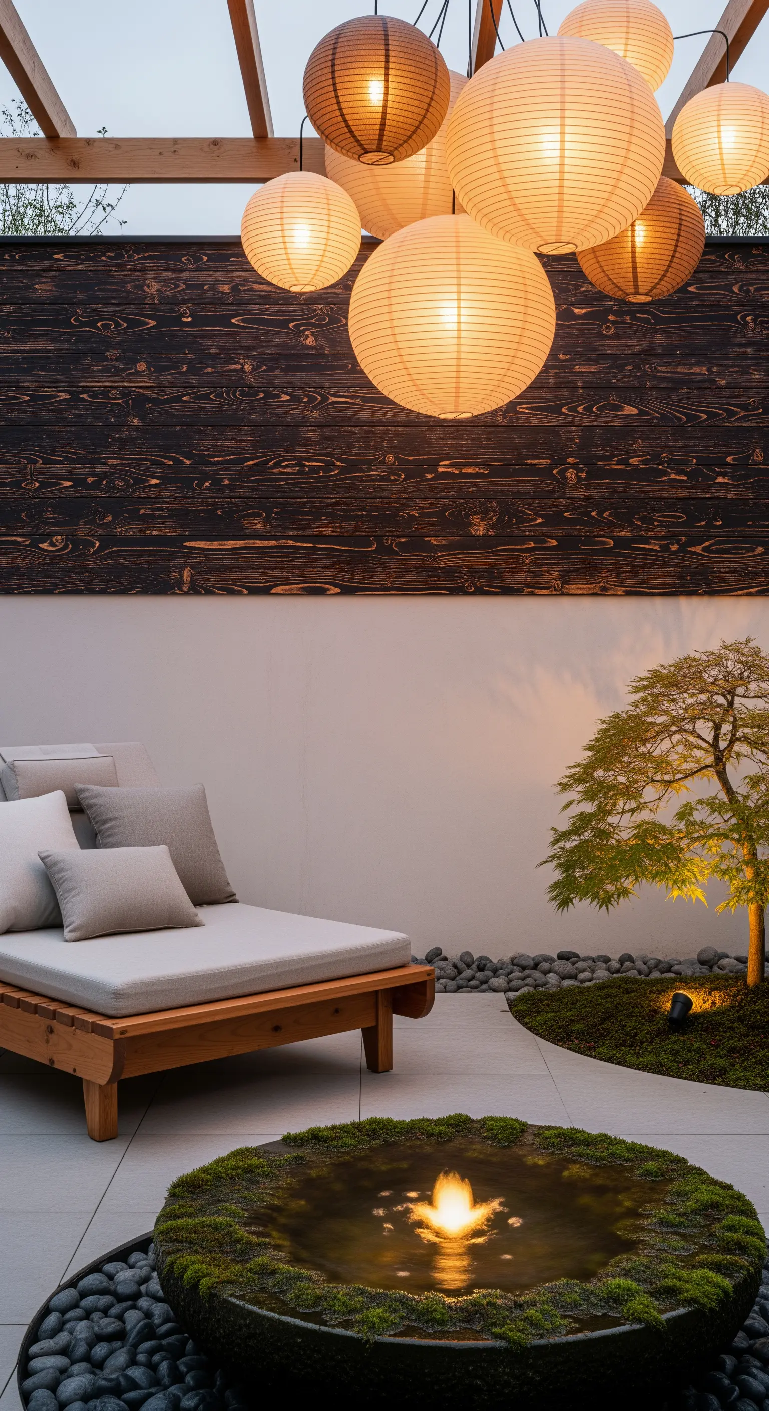 Japandi Lounge bei Nacht mit Papierlaternen, Liege und beleuchtetem Zen-Brunnen