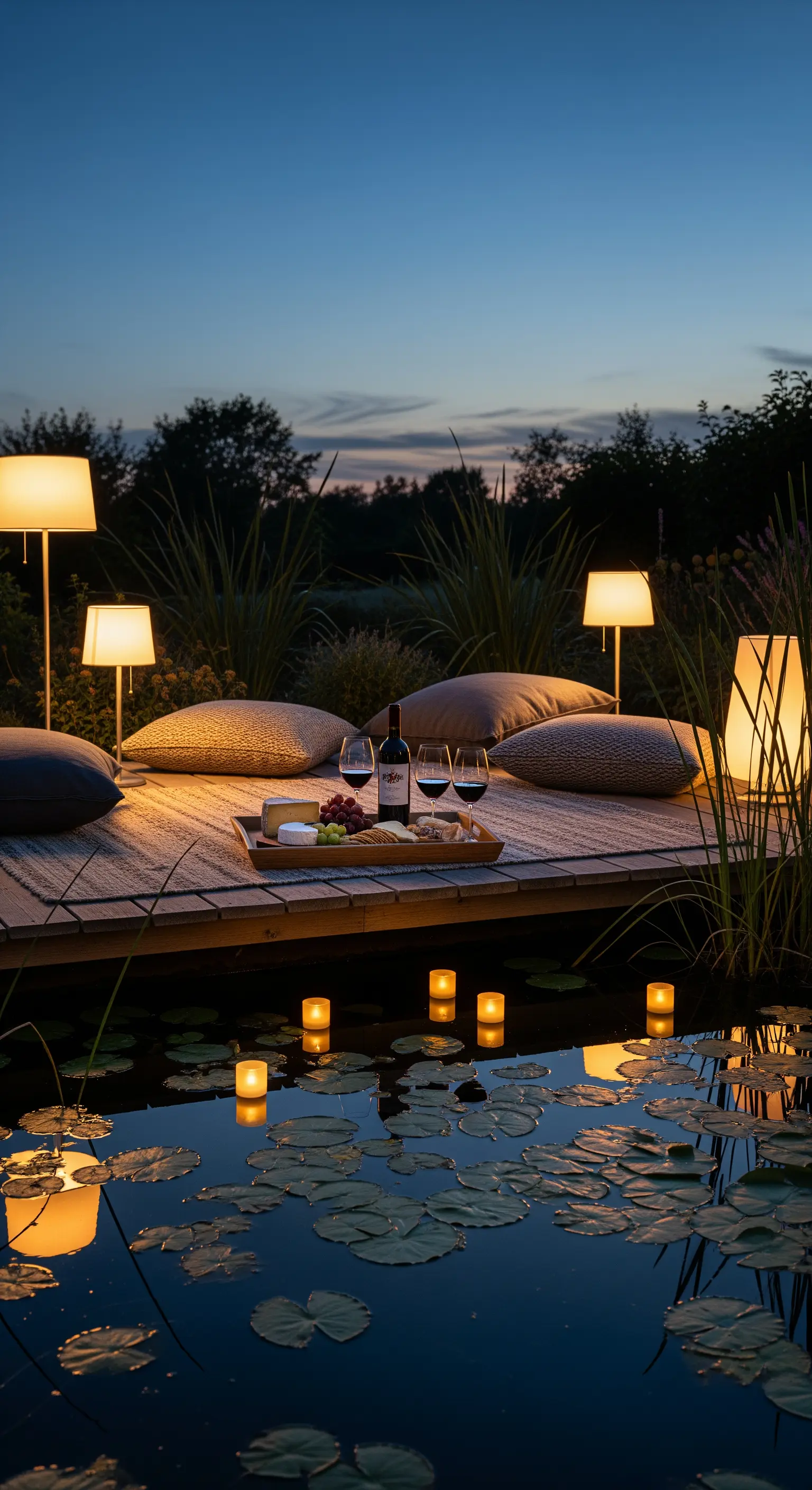 Abendliche Holzterrasse über Teich mit Stehlampen, Kissen und schwimmenden Kerzen.