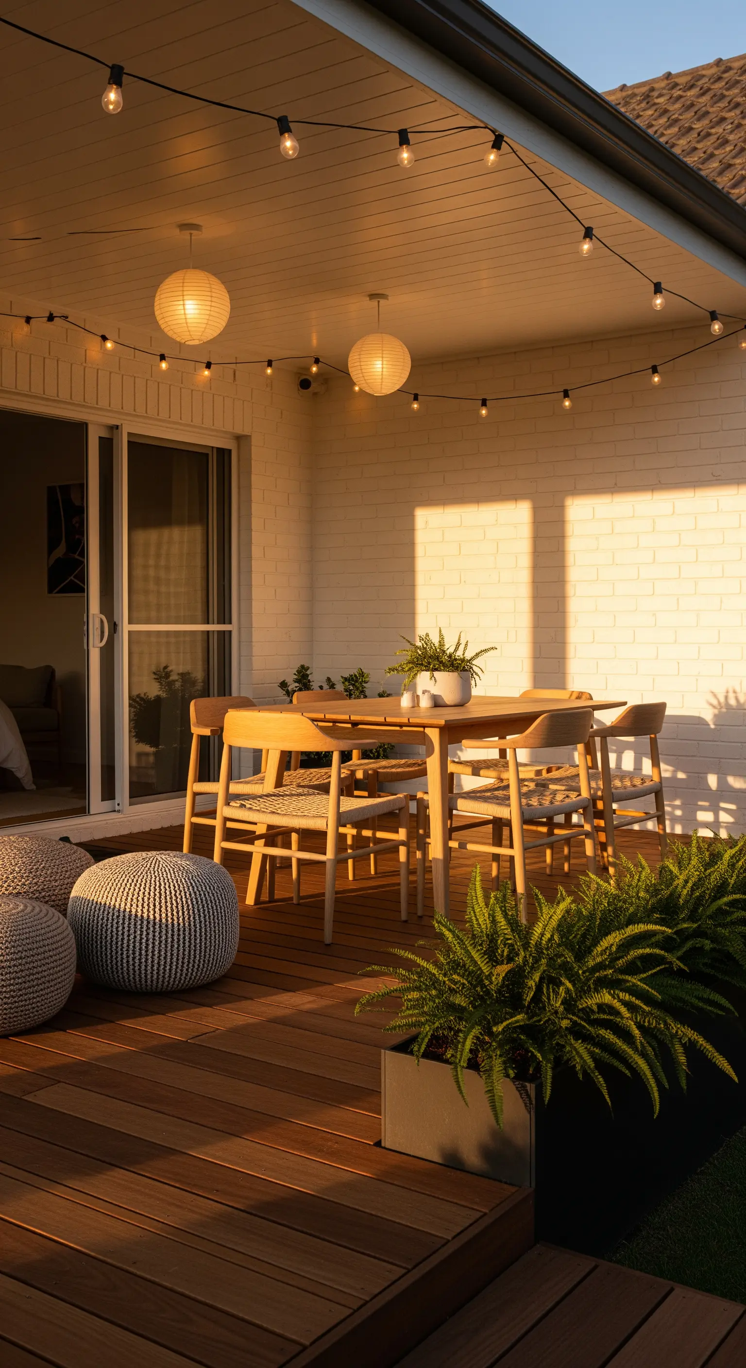 Japandi-Terrasse am Abend mit Lichterketten, Holzmöbeln und Farnen.