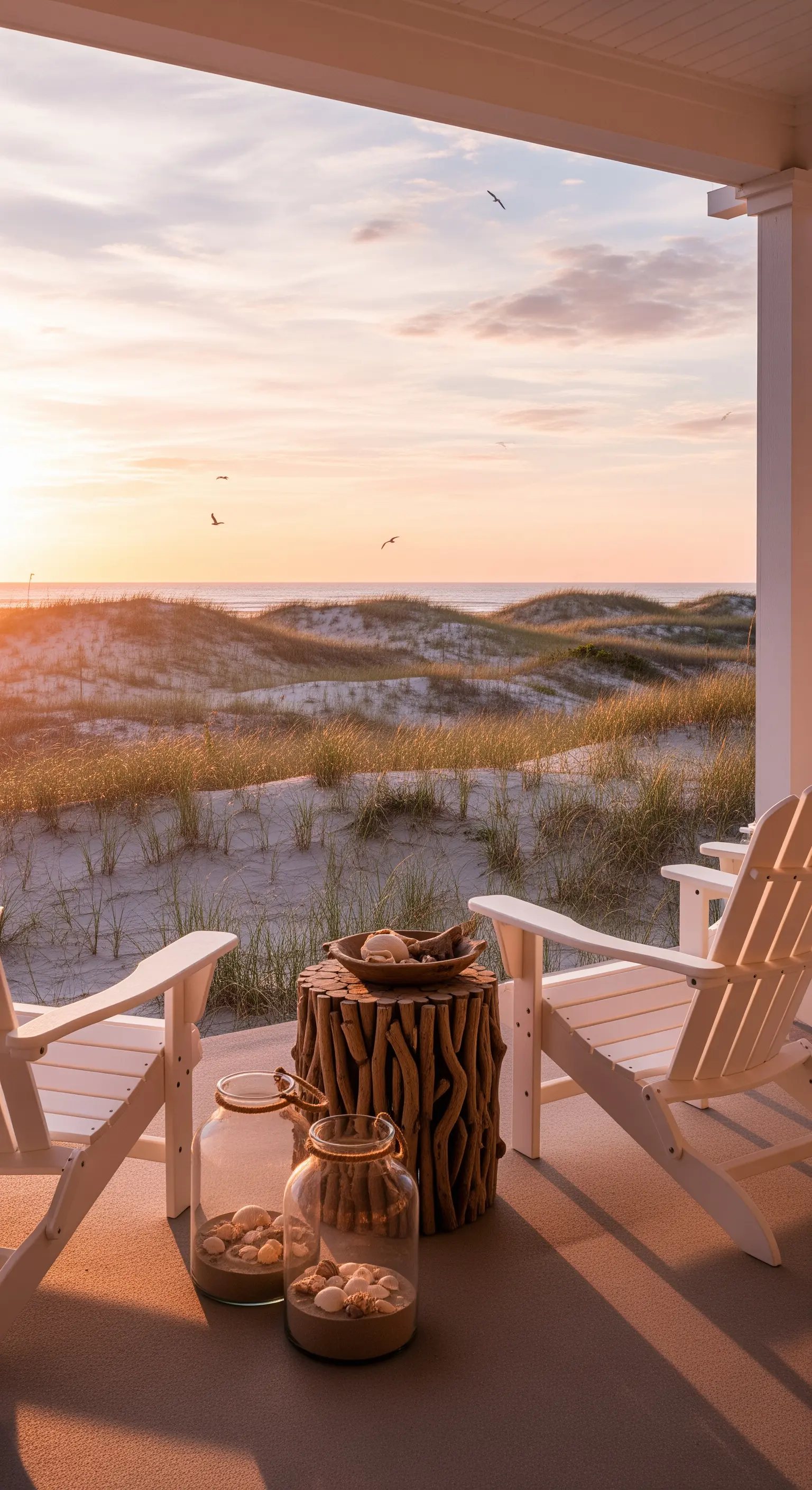 Veranda mit Adirondack-Stühlen, Treibholz-Tisch, Muschelgläsern und Sonnenuntergang