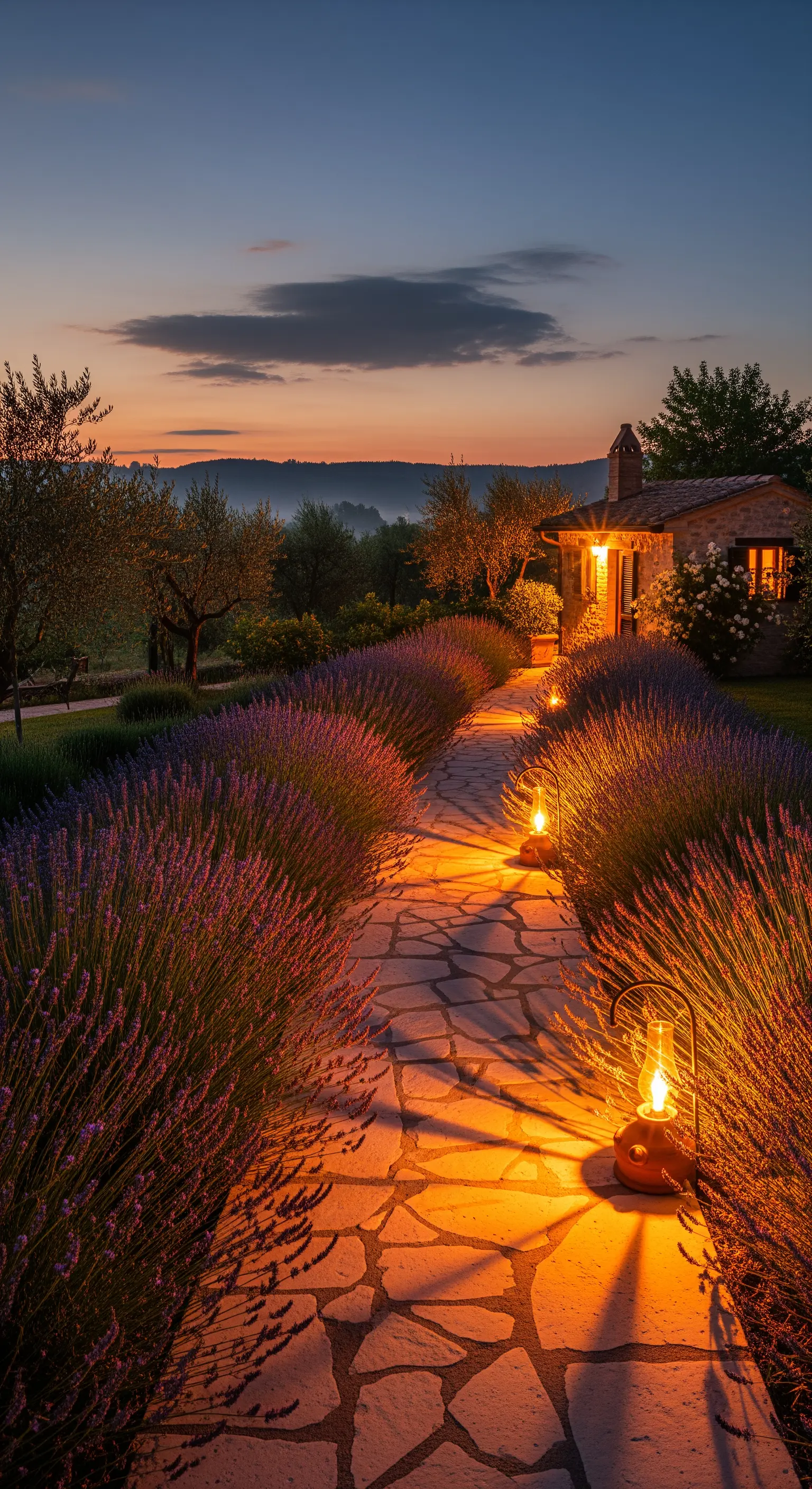 Steinpfad durch Lavendelfeld mit leuchtenden Laternen bei Dämmerung