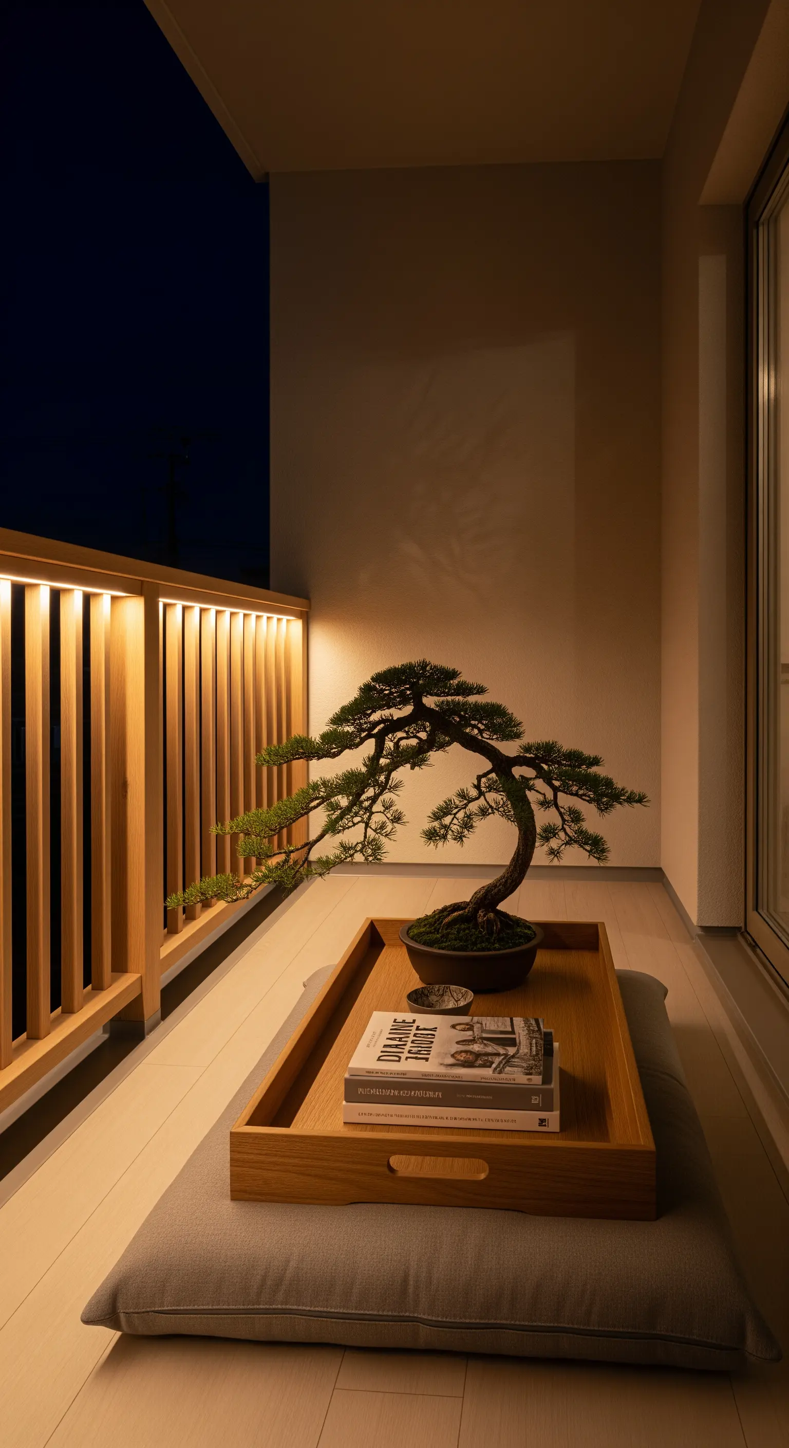 Balkon bei Nacht mit LED-Beleuchtung, Bonsai auf Tablett, Bodenkissen