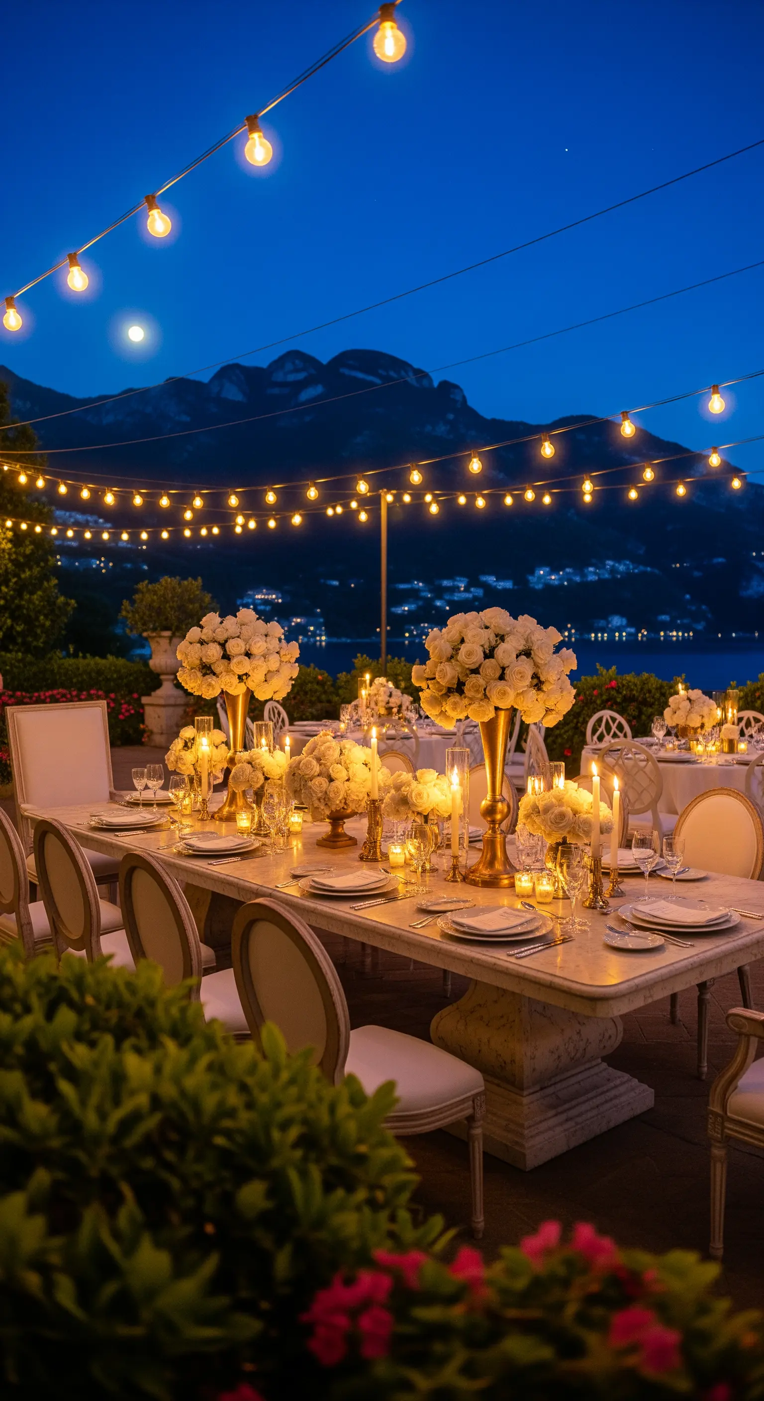 Abendtafel am See mit weißen Rosen, goldenen Kerzenleuchtern und Lichterketten.
