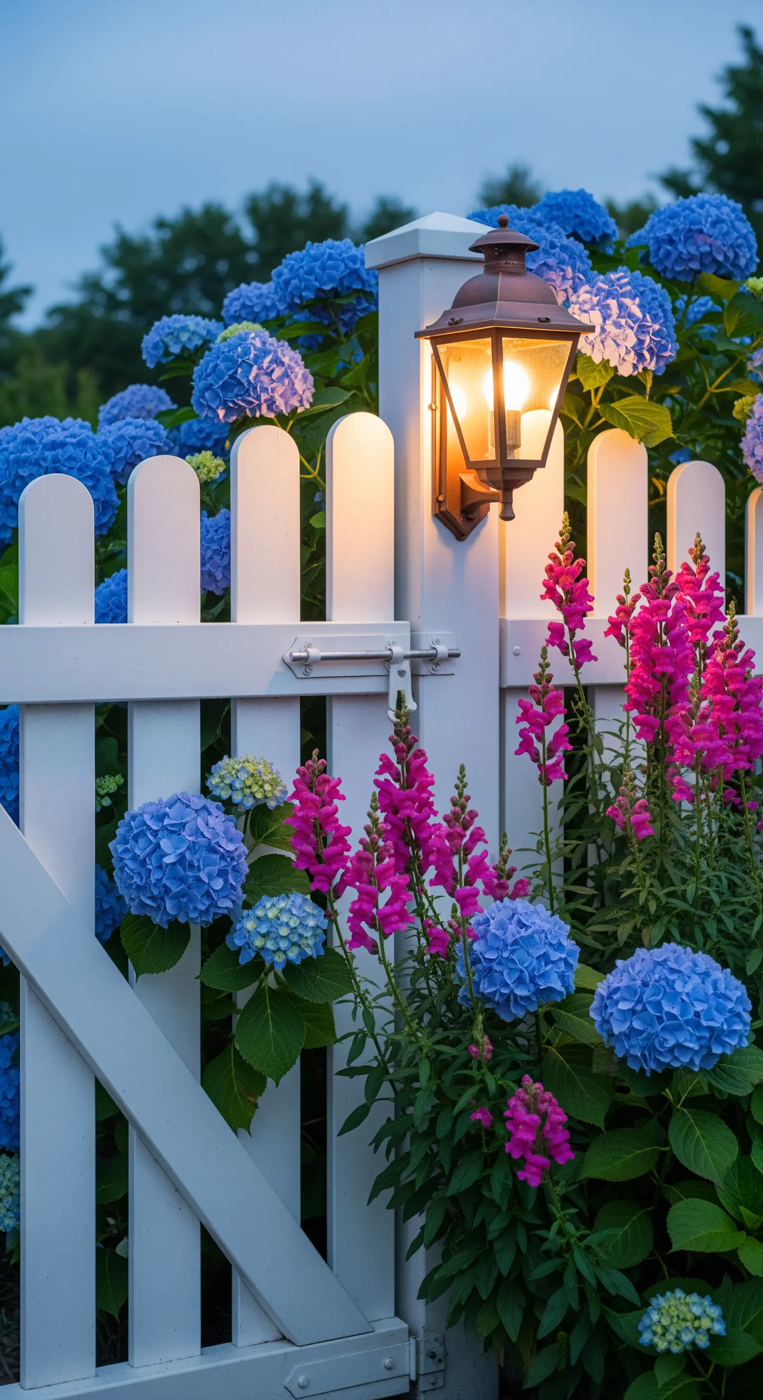 Weißes Gartentor mit Laterne, blauen Hortensien und pinken Löwenmäulern
