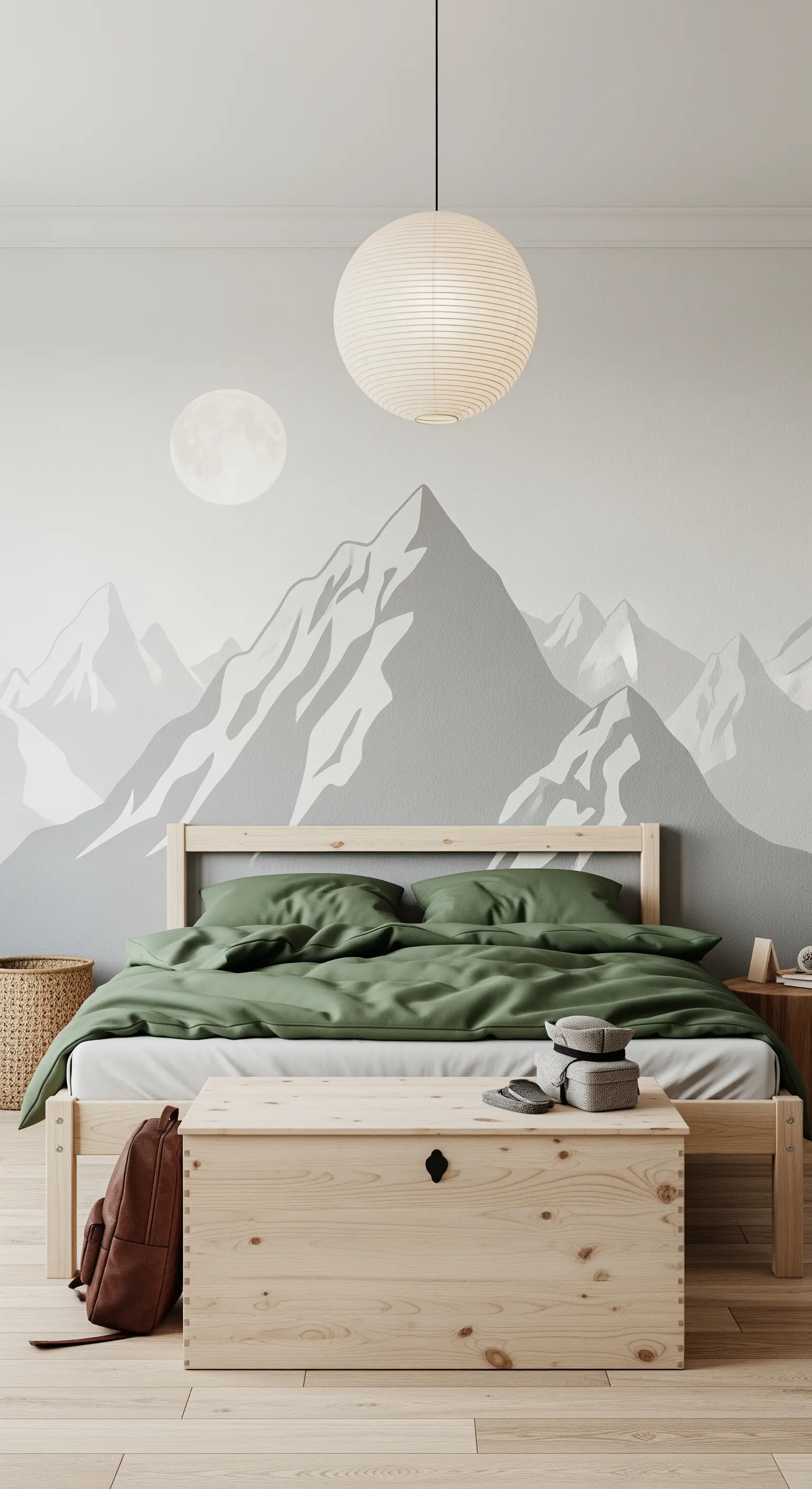 Kinderzimmer mit einer Wandmalerei von Bergen und einem Bett aus hellem Holz.