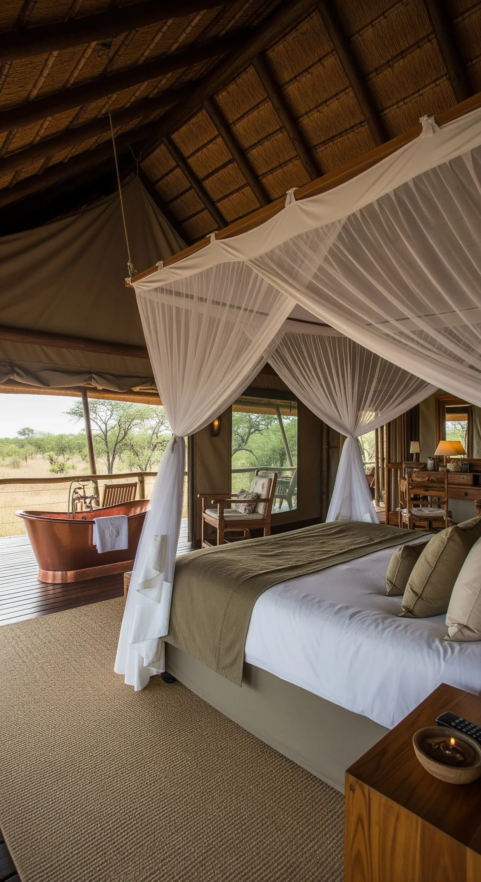 Schlafzimmer im Safari-Lodge-Stil mit einem von einem Moskitonetz umgebenen Bett und Blick nach draußen.