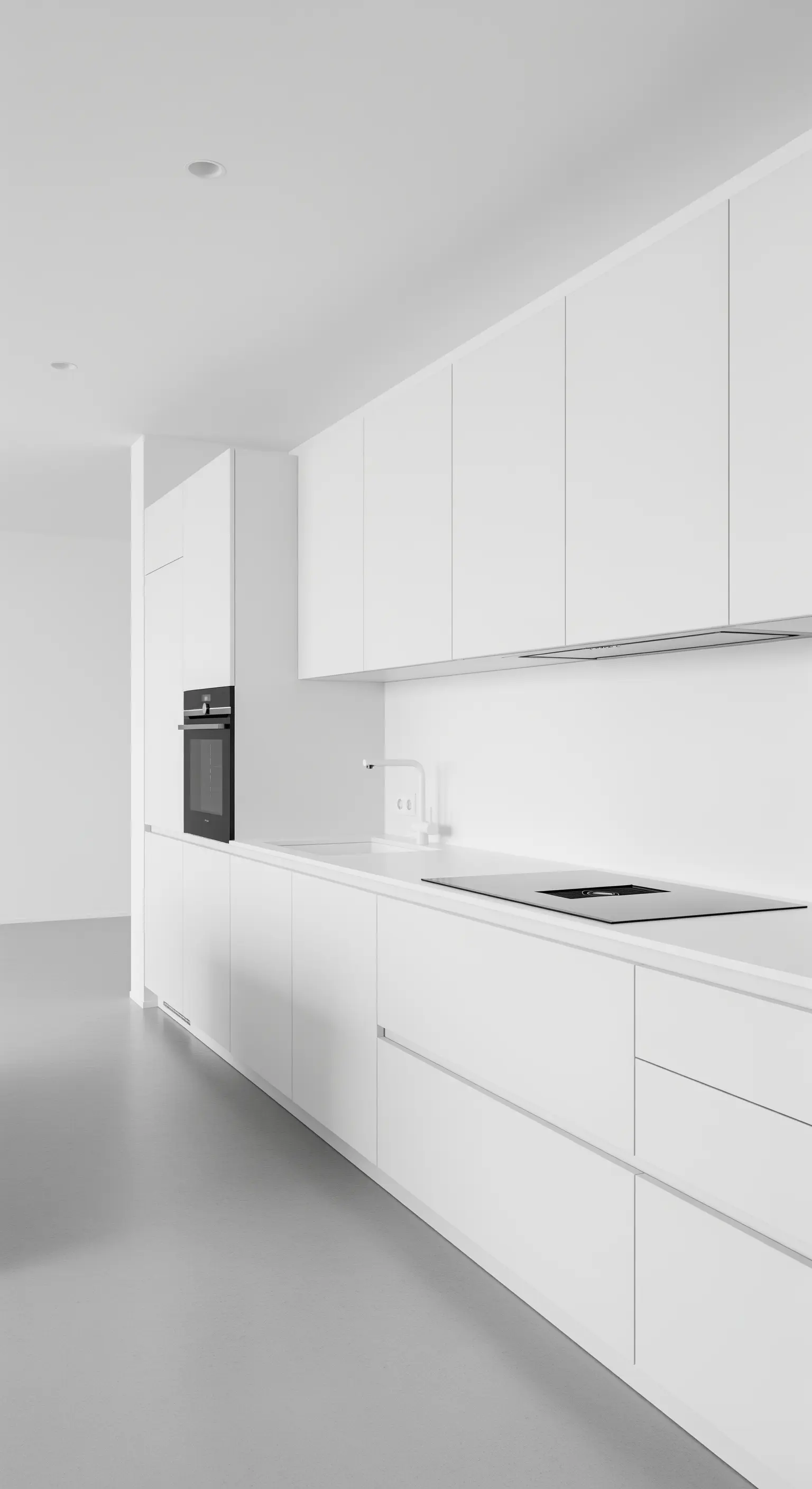 Reinweiße, grifflose Küche mit fugenlosem Boden für einen puristischen Look
