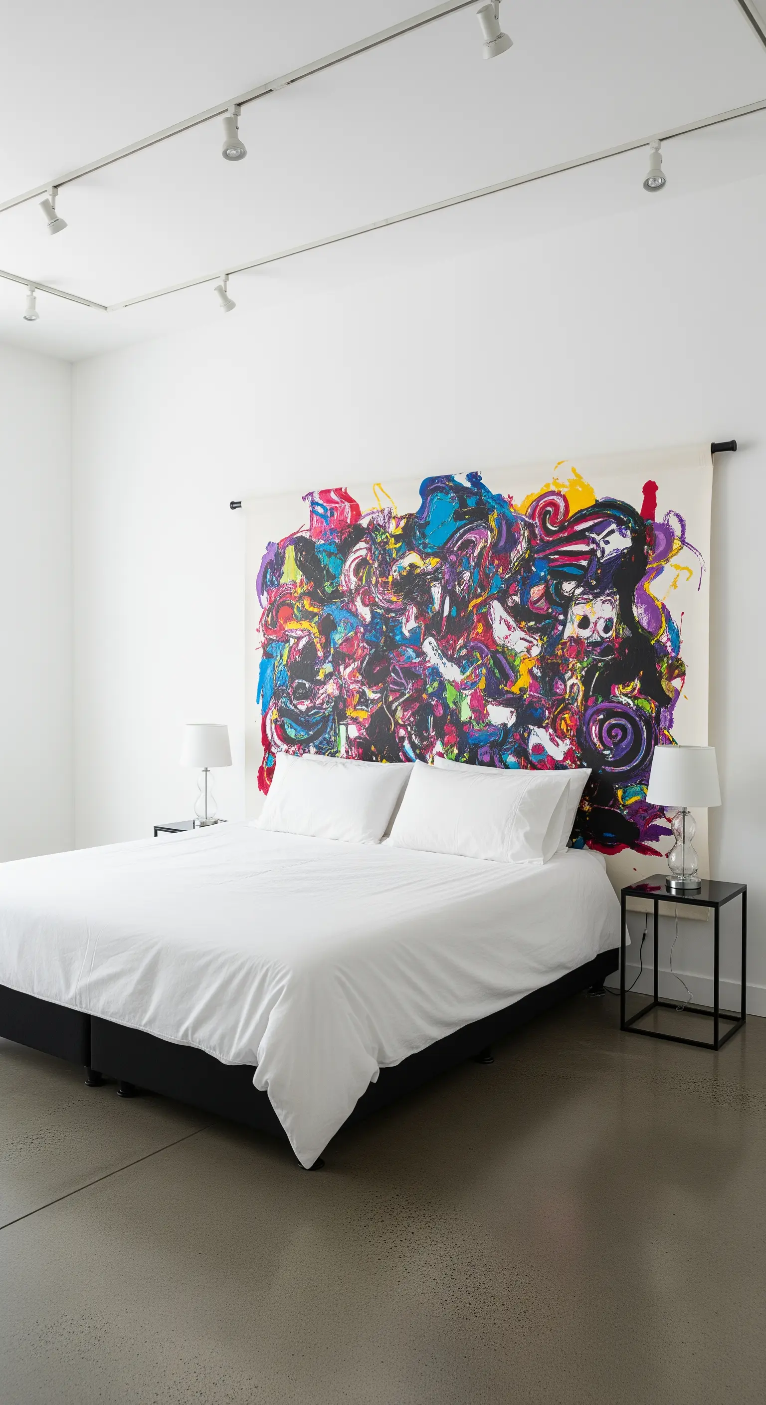 Ein großes, farbenfrohes abstraktes Gemälde auf Leinwand dient als Kopfteil in einem weißen Raum