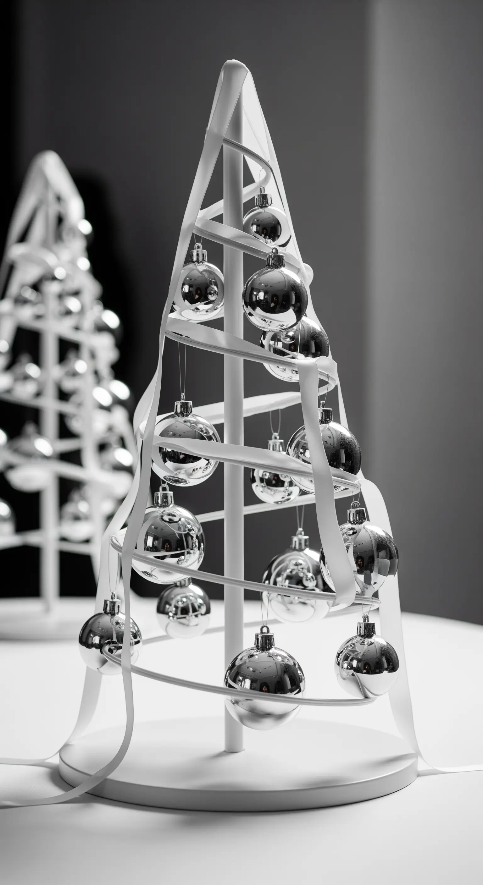 Abstrakte weiße Baumskulptur mit hängenden silbernen Weihnachtskugeln.