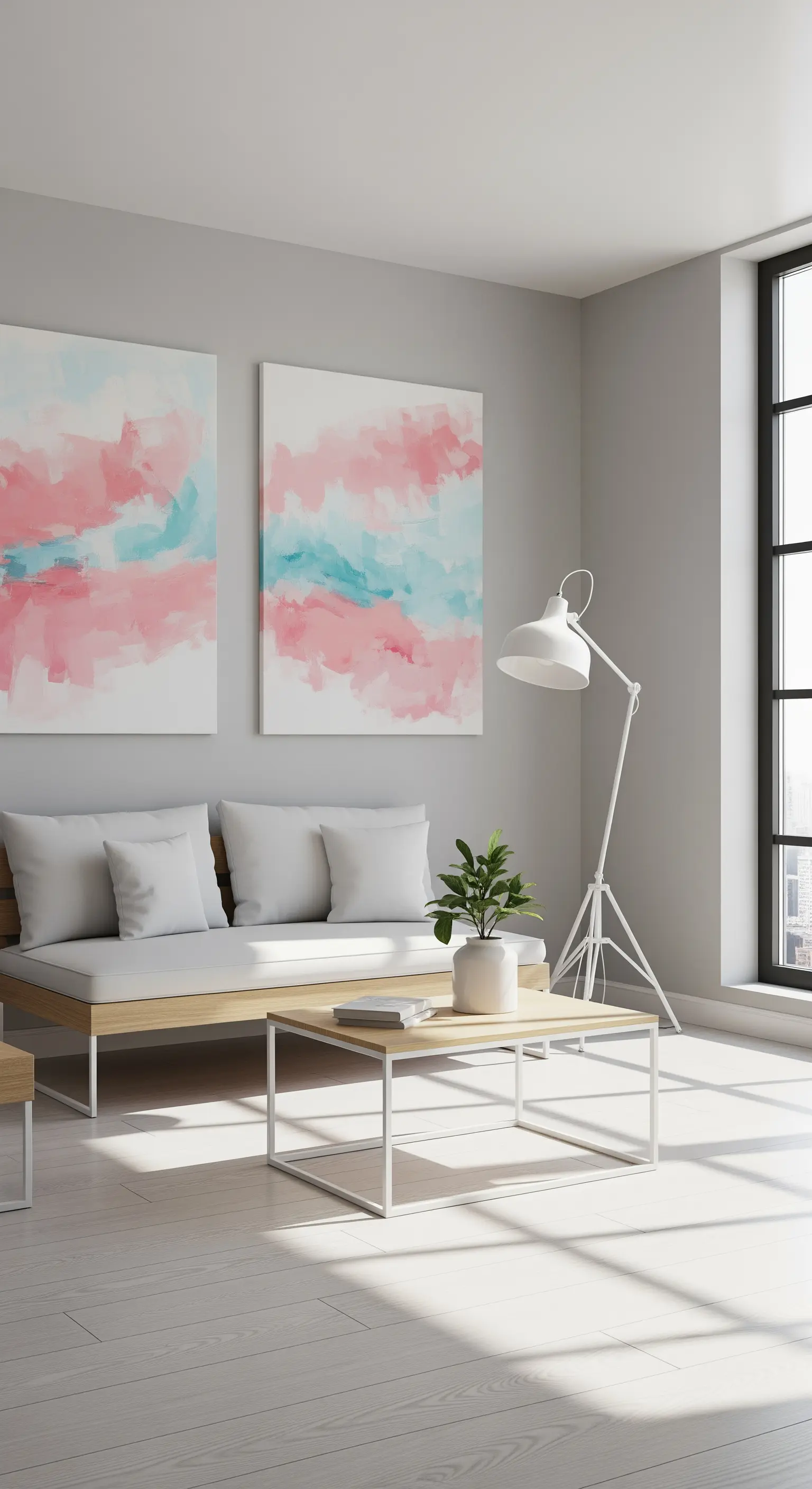 Minimalistisches Wohnzimmer mit abstrakten Pastell-Kunstwerken und hellem Sofa