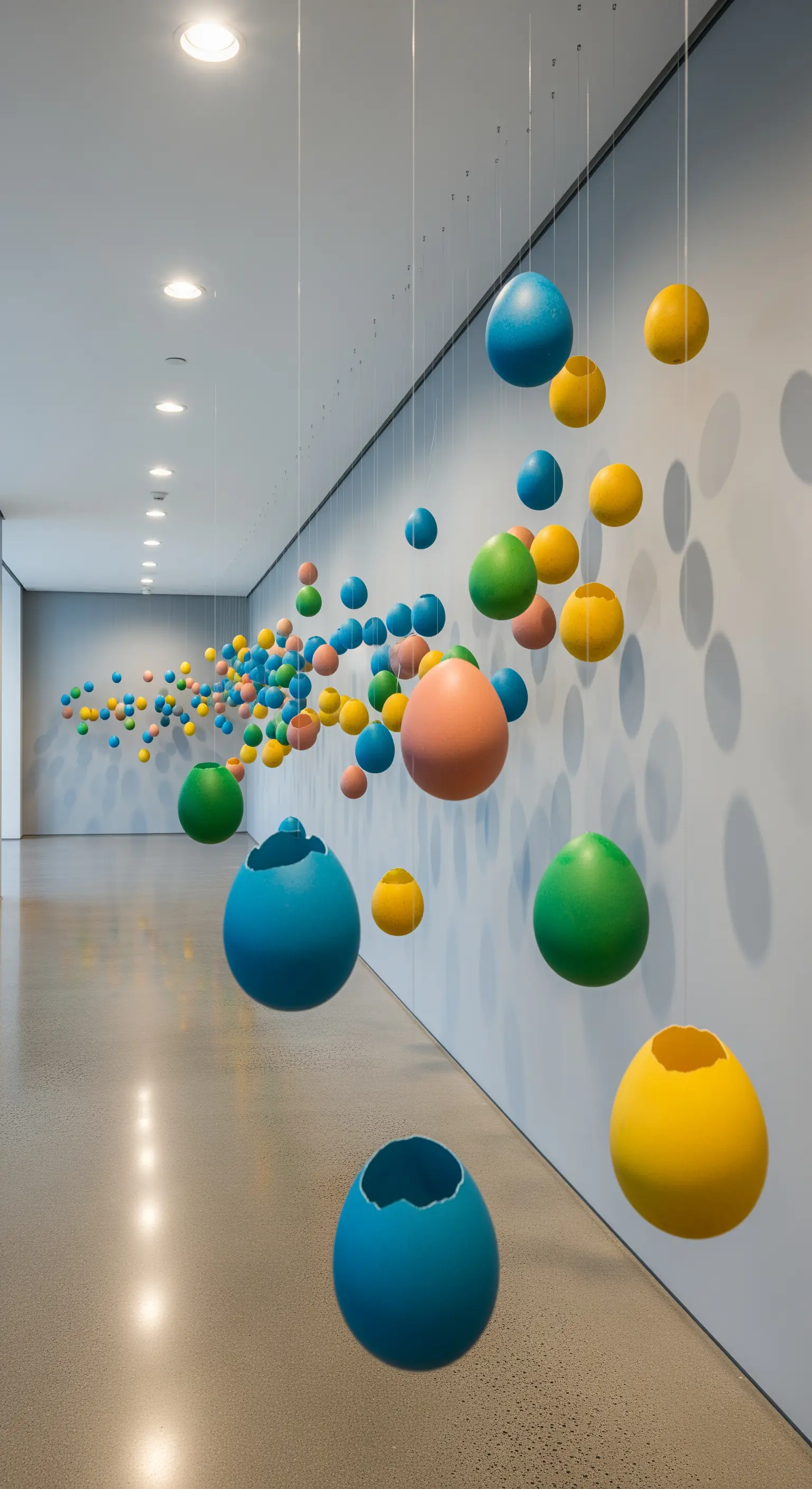 Abstrakte Installation schwebender Ostereier in Blau, Grün, Gelb, Rosa im Flur