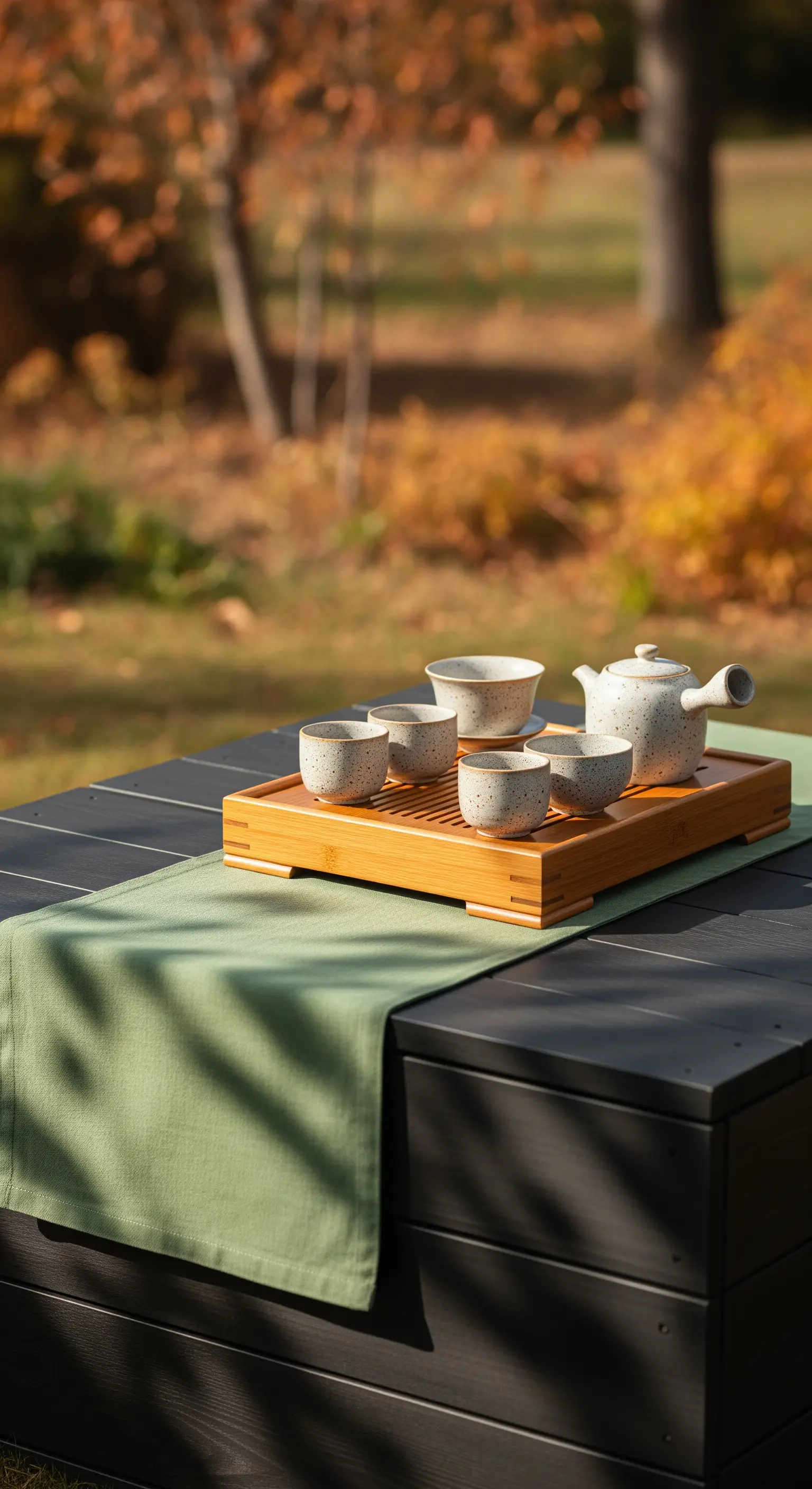 Japanisches Teeservice auf Bambustablett im herbstlichen Garten