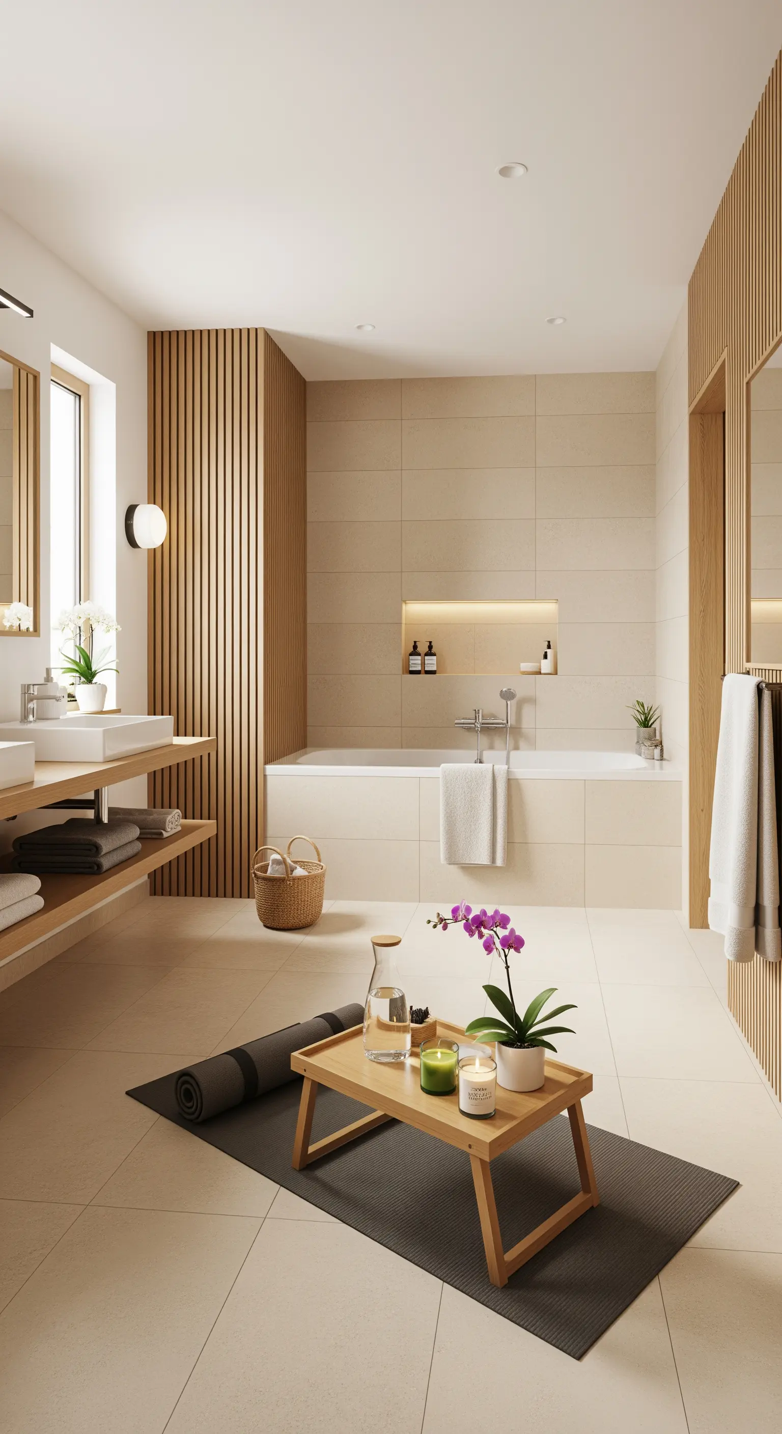 Helles Japandi-Badezimmer mit Holzlatten und einer eingerichteten Yoga-Ecke.