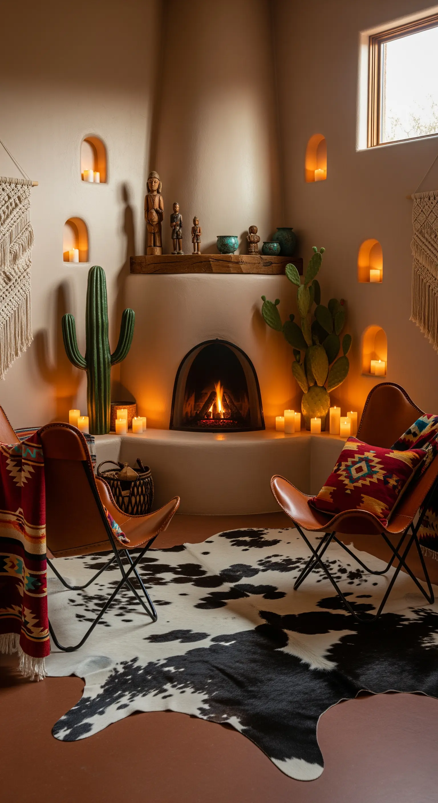 Runder Kamin im Adobe-Stil mit Wandnischen für Kerzen und Butterfly Chairs