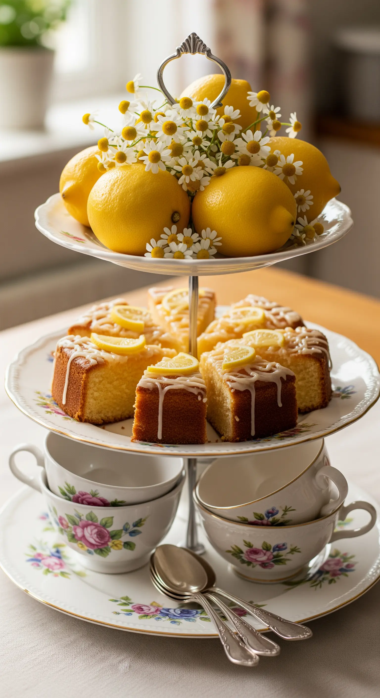 Vintage-Porzellan-Etagere mit Blumendekor, Zitronen, Kamillenblüten und Kuchen.