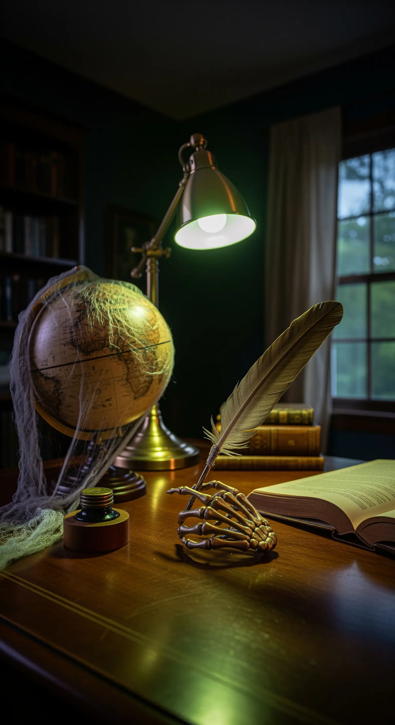 Halloween-Schreibtisch im Dark Academia Stil mit Skeletthand, Feder und Spinnweben.
