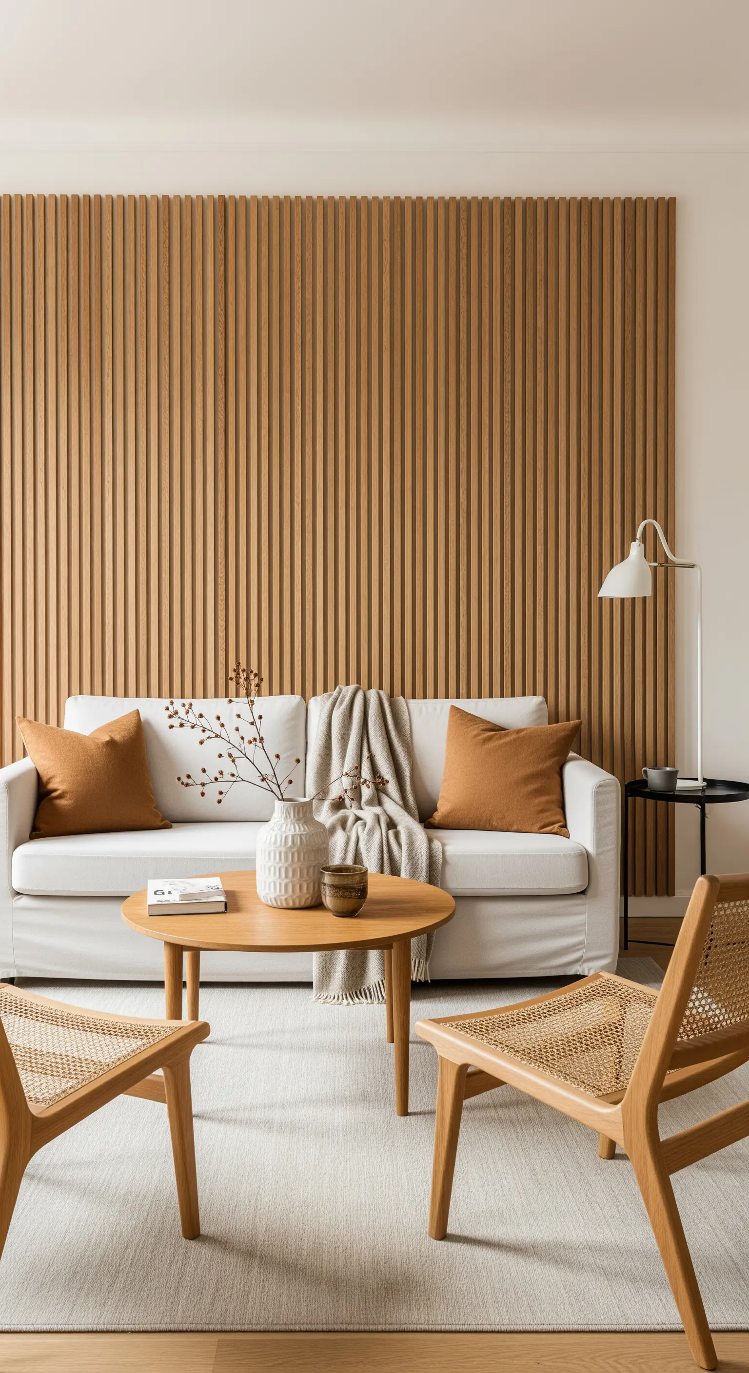 Skandinavisches Wohnzimmer mit einer Akzentwand aus Holzlamellen und hellen Möbeln.