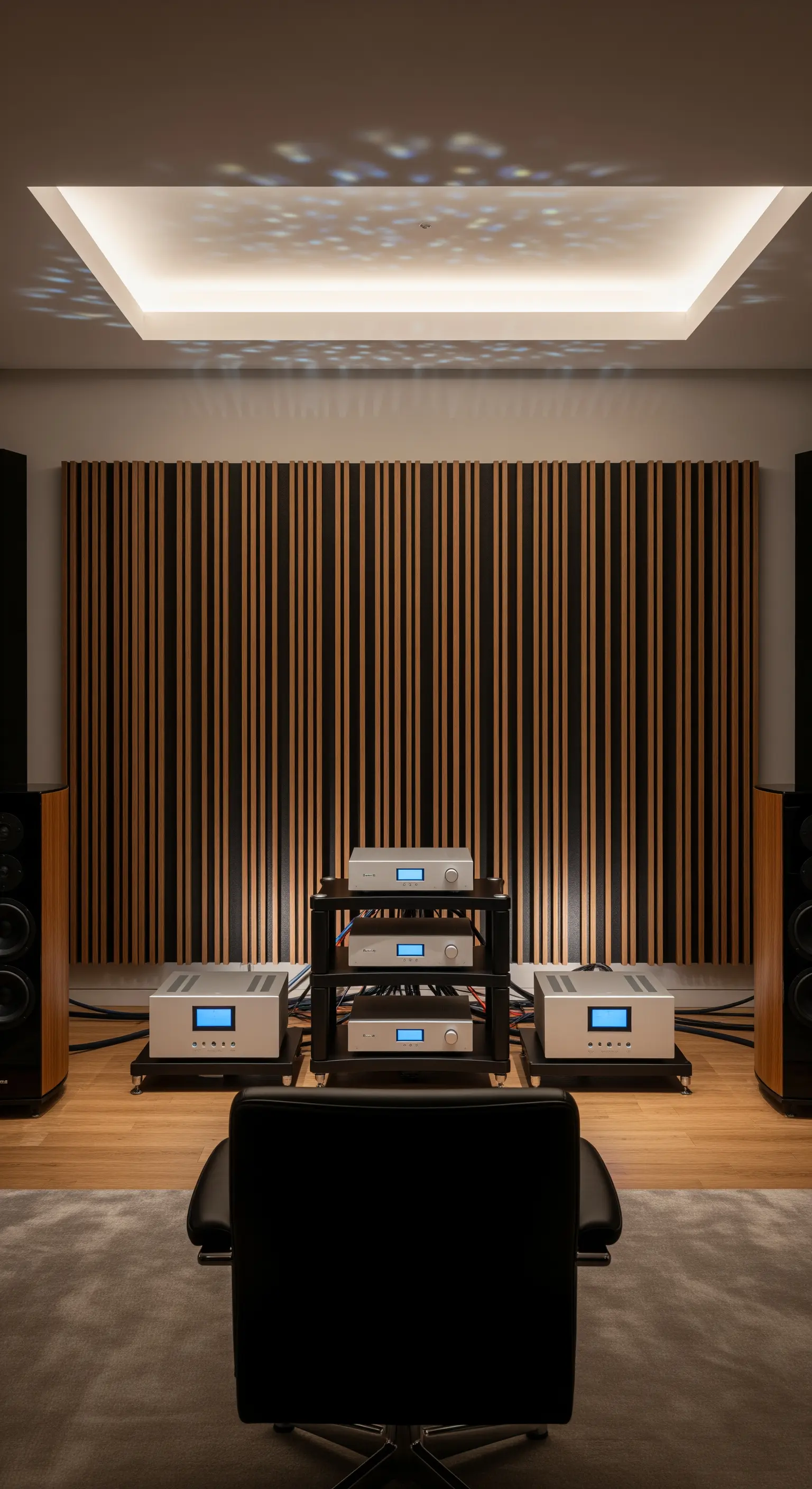 Hörraum mit einer Akustikwand aus Holzlamellen, die von unten angestrahlt wird.