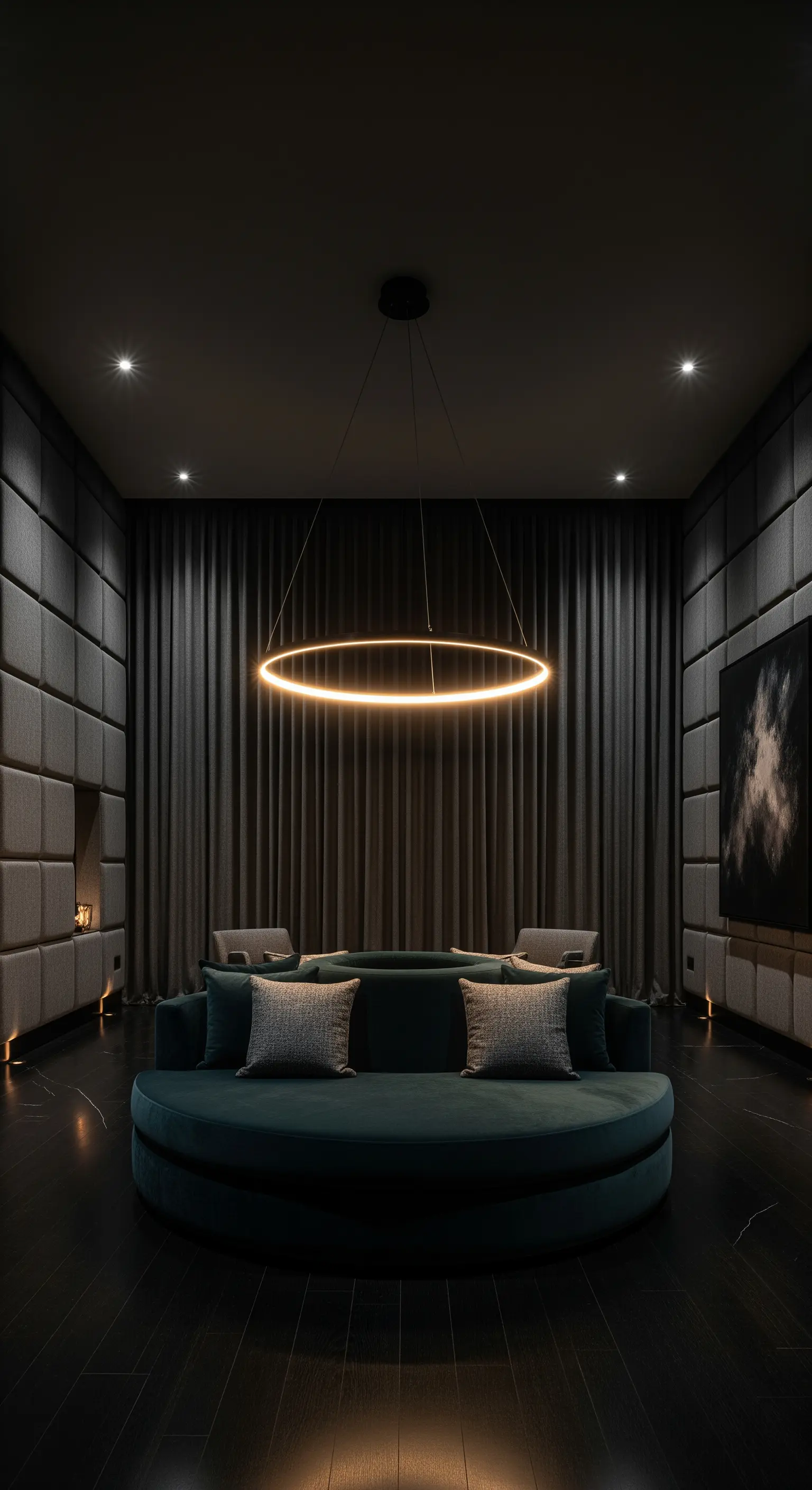 Lounge mit Akustikpaneelen, dunklen Vorhängen, rundem Sofa und Ringbeleuchtung