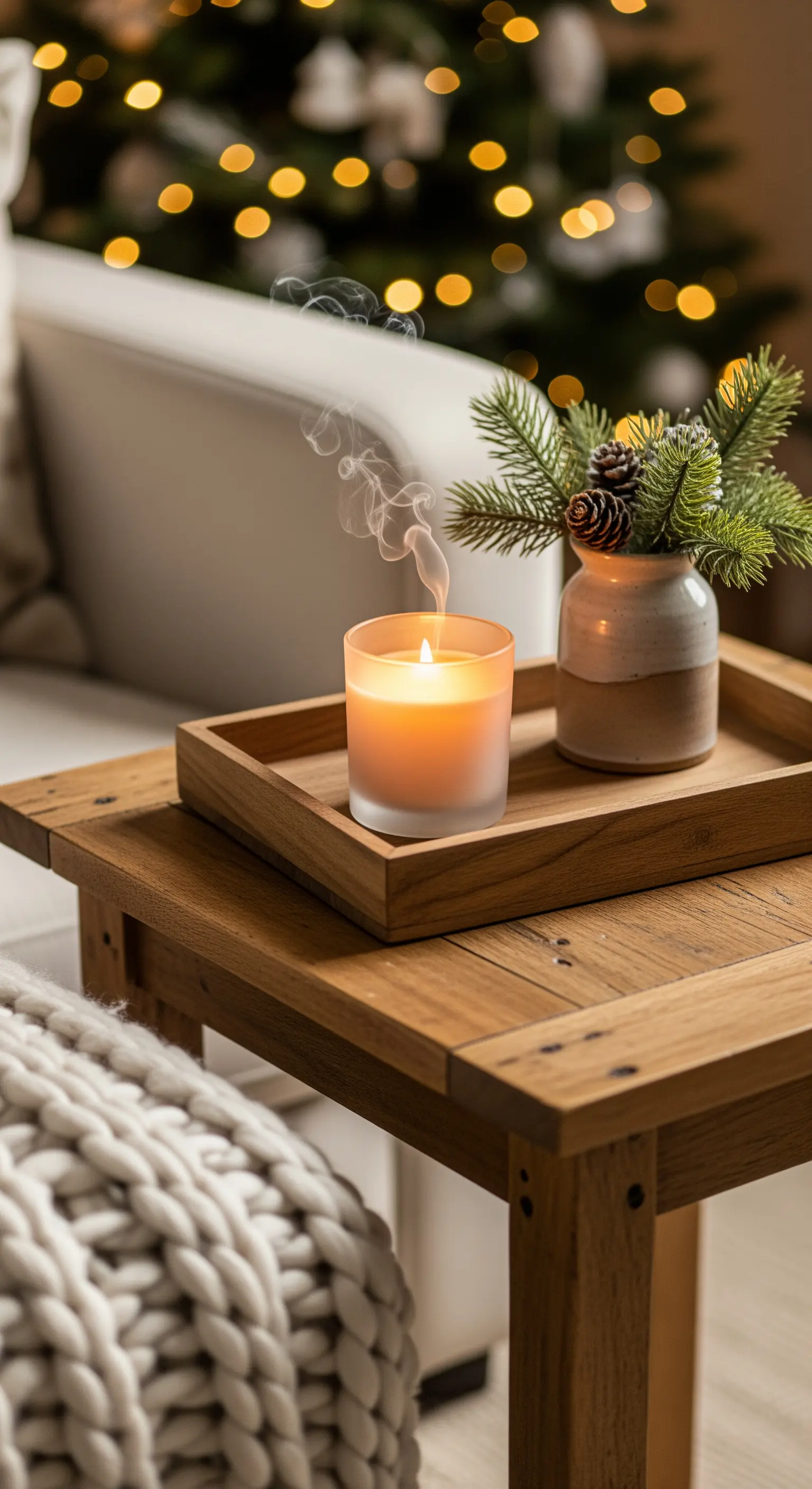 Beistelltisch mit Kerze, Tannenzweig in Vase, Holztablett und Strickdecke.