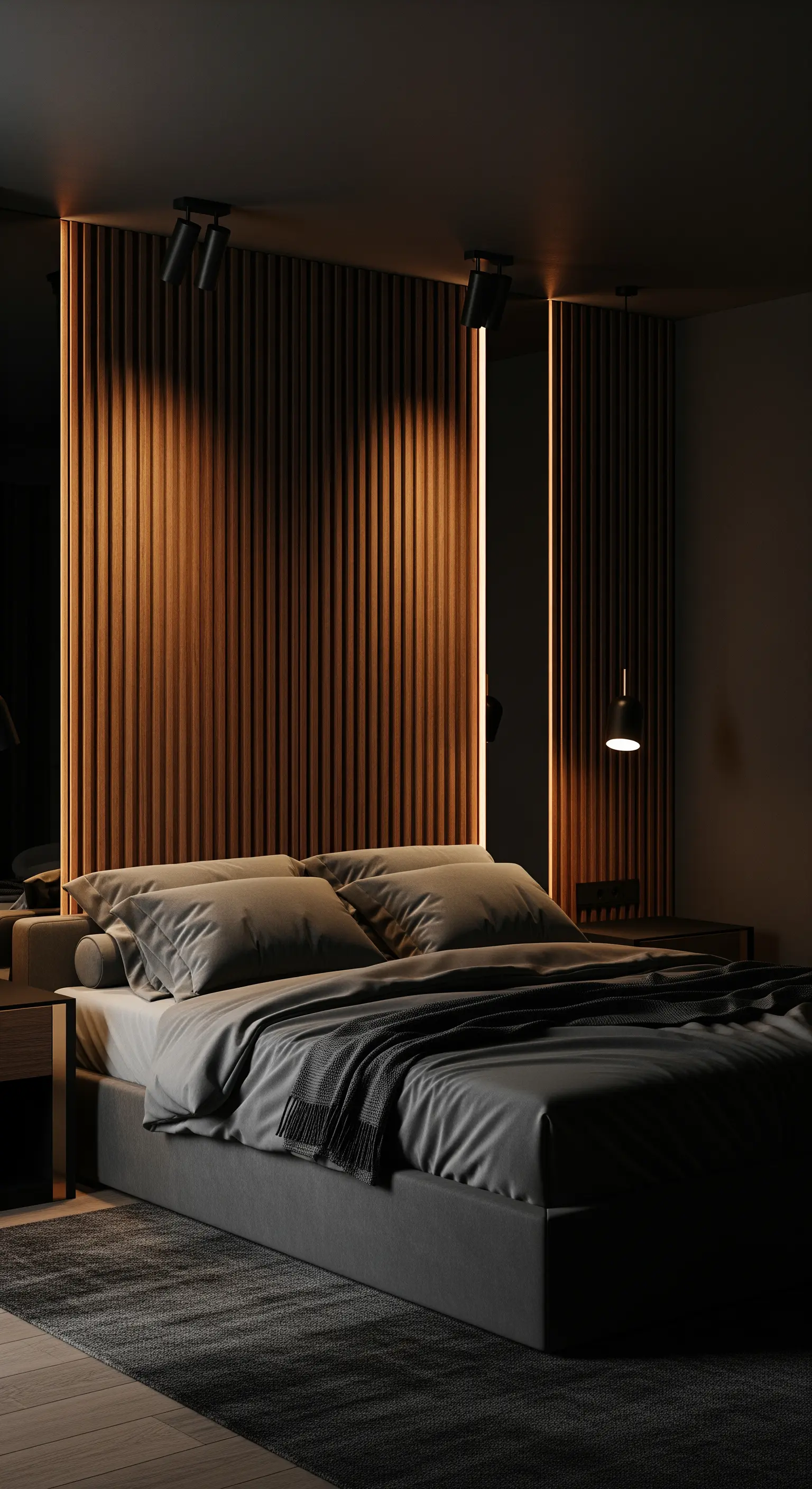 Beleuchtetes Holzlamellen-Betthaupt mit integrierten LED-Streifen und Spots im luxuriösen Schlafzimmer