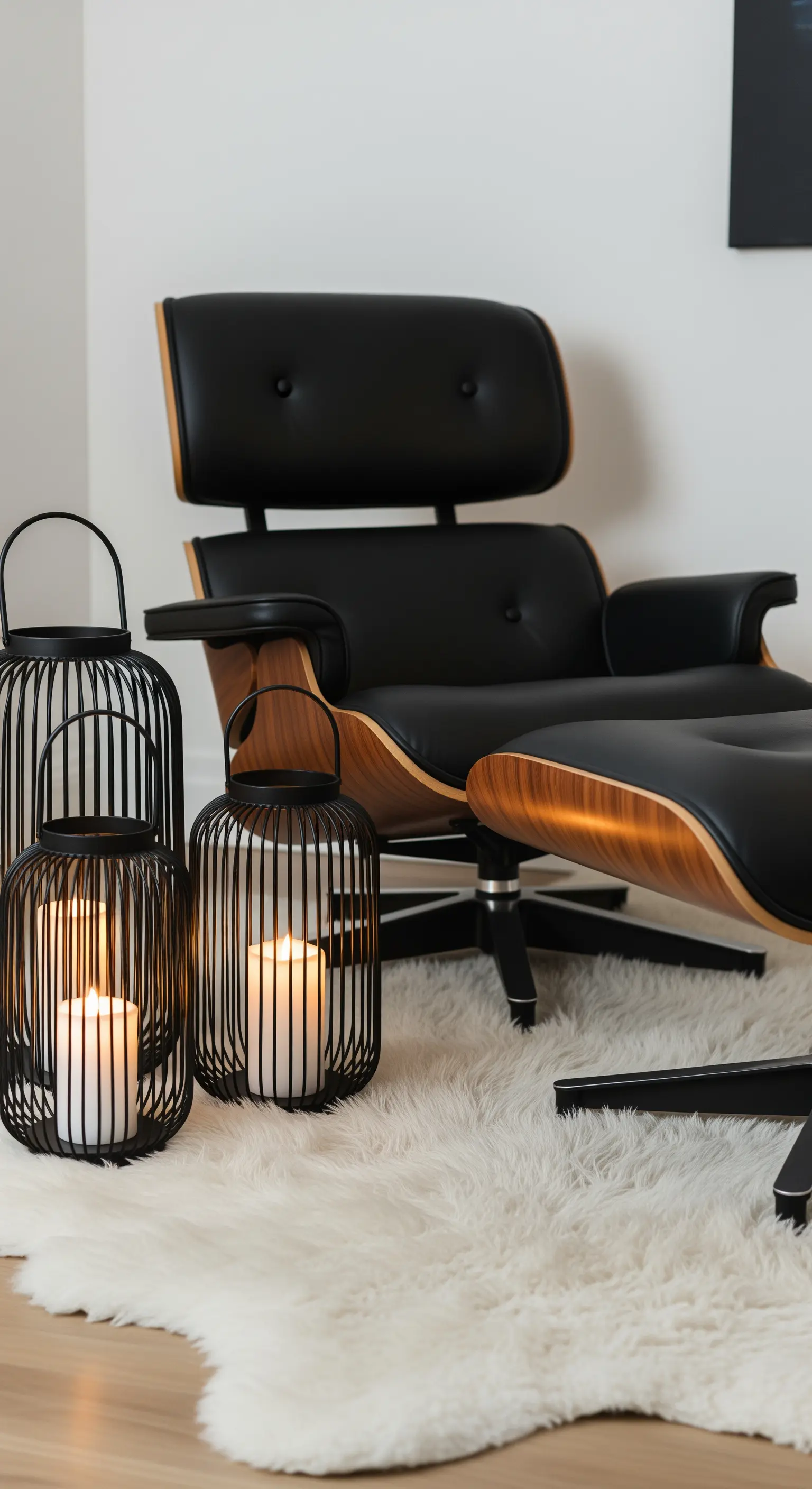 Gemütliche Leseecke mit Eames Sessel, Fellen und schwarzen Laternen.