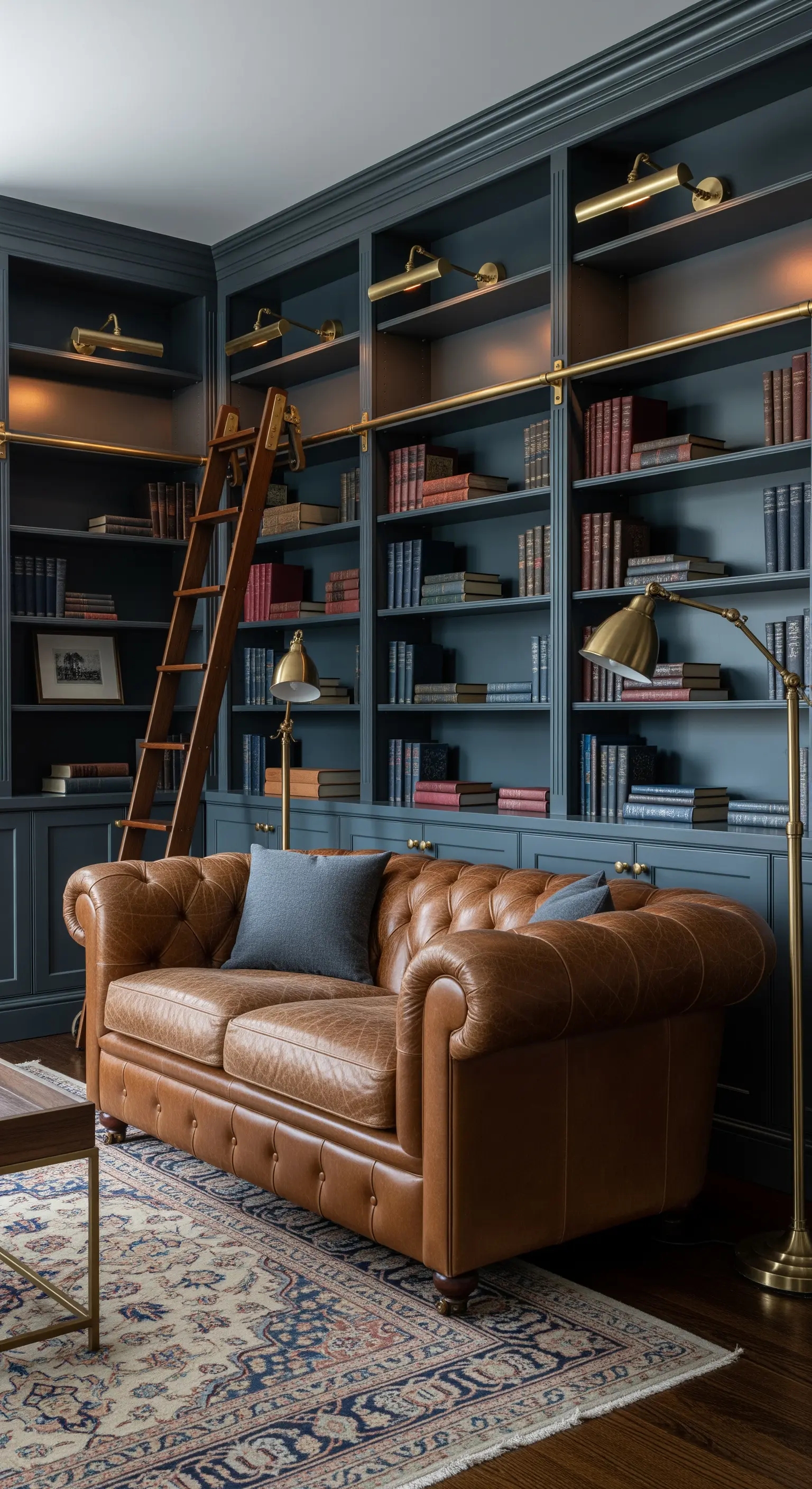 Dunkle Bibliothek mit deckenhohen Regalen, die von goldenen Bilderleuchten angestrahlt werden.