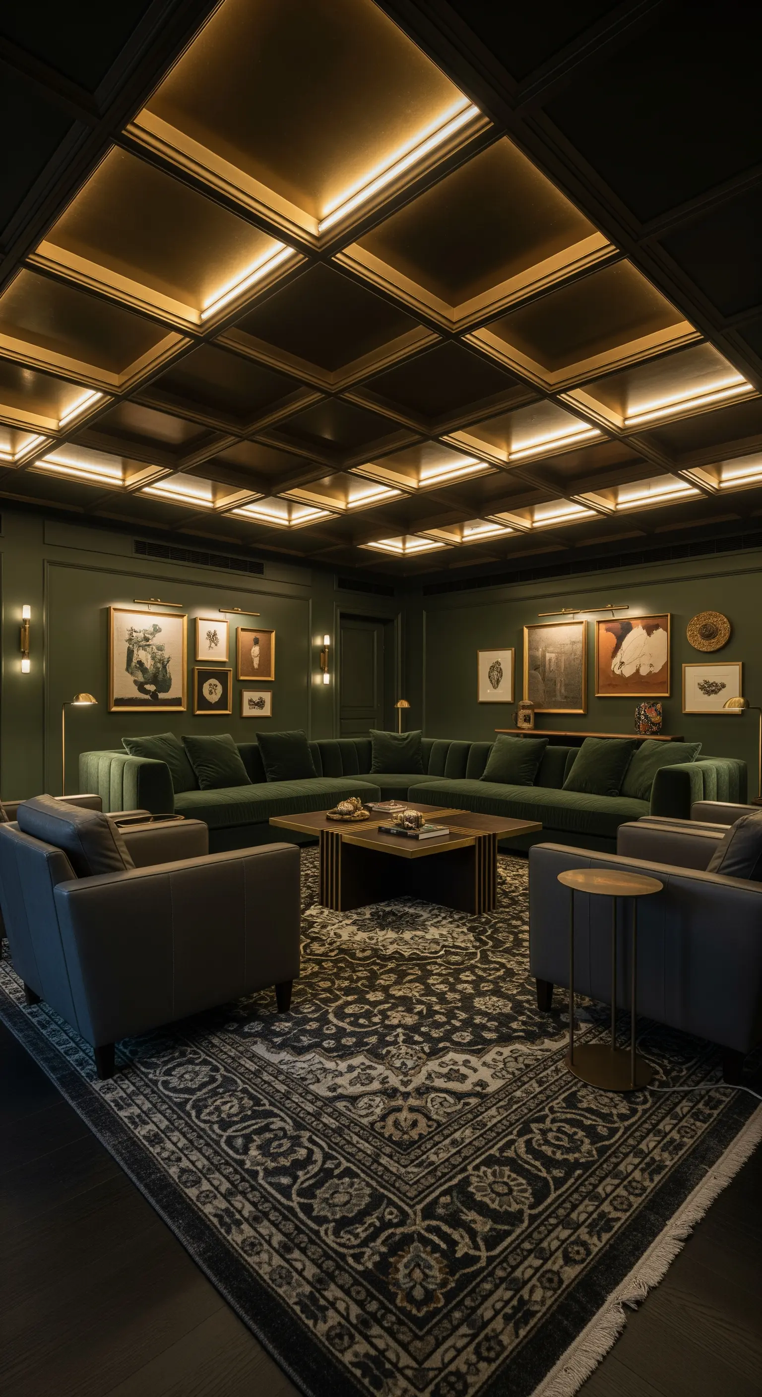 Grüne Wand mit gerahmten Kunstwerken, Wandleuchten, Kassettendecke mit LED-Licht