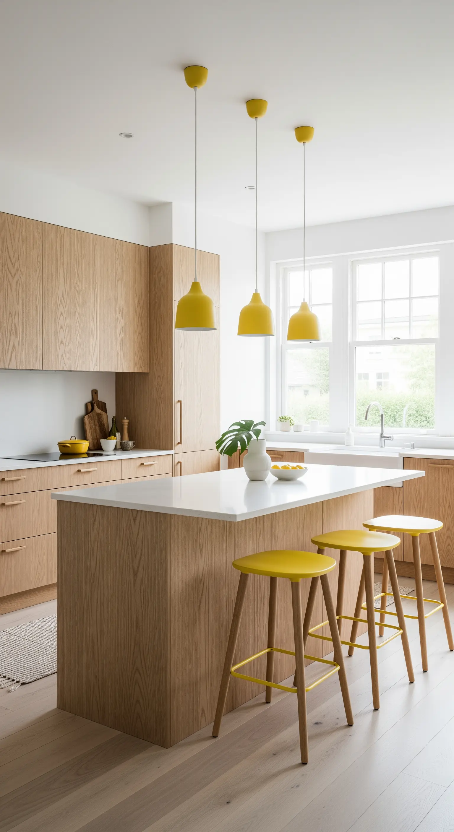 Holzküche mit gelben Pendelleuchten und Barhockern