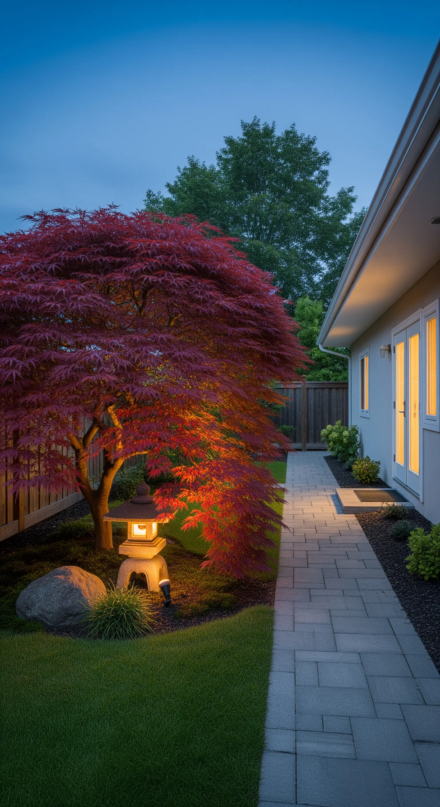 Ein roter Fächerahorn, der nachts von einer darunter platzierten Steinlaterne angestrahlt wird.