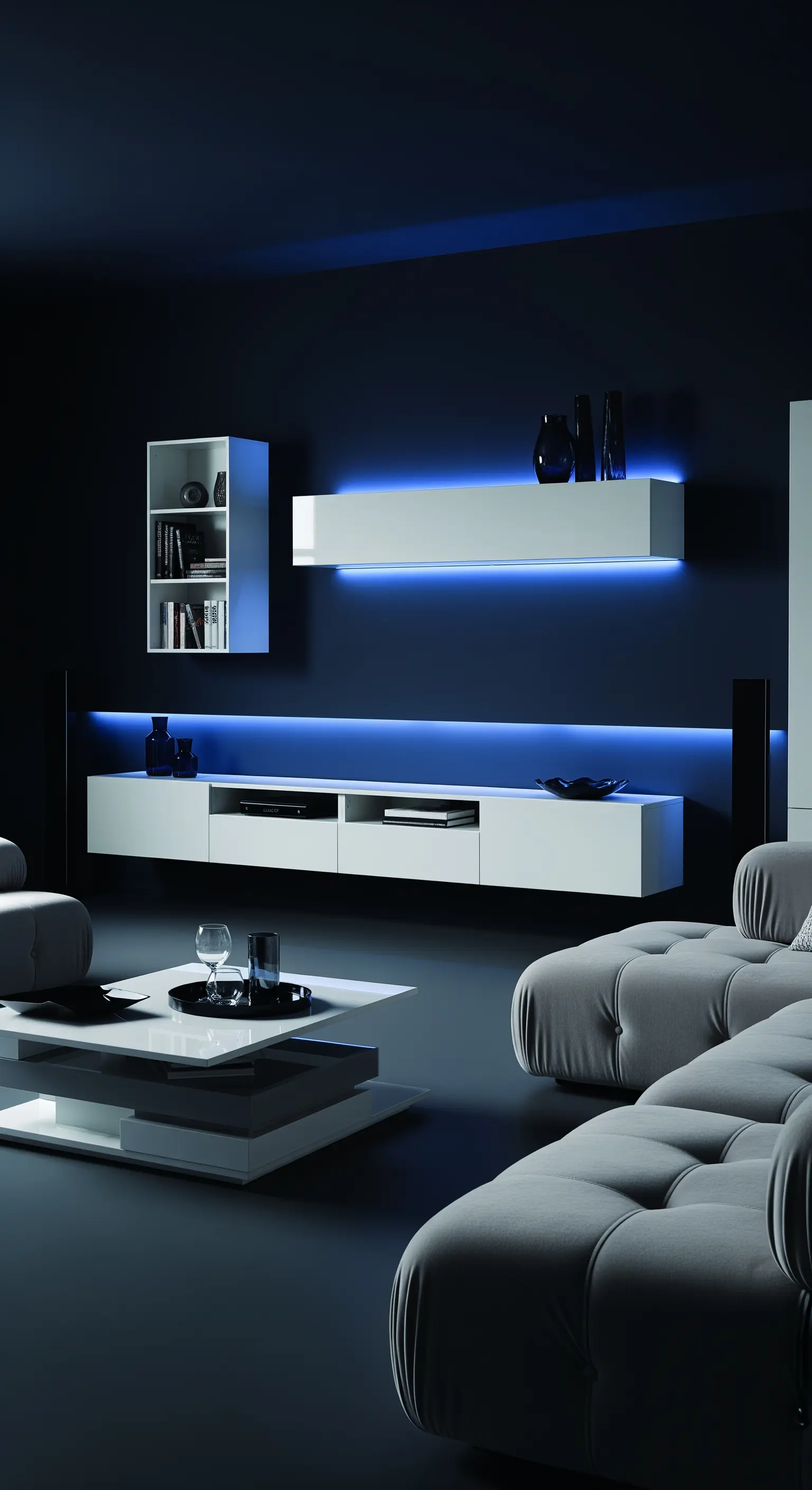 Weiße Hochglanz-Wohnwand mit blauer LED-Hintergrundbeleuchtung in einem dunklen, modernen Raum.