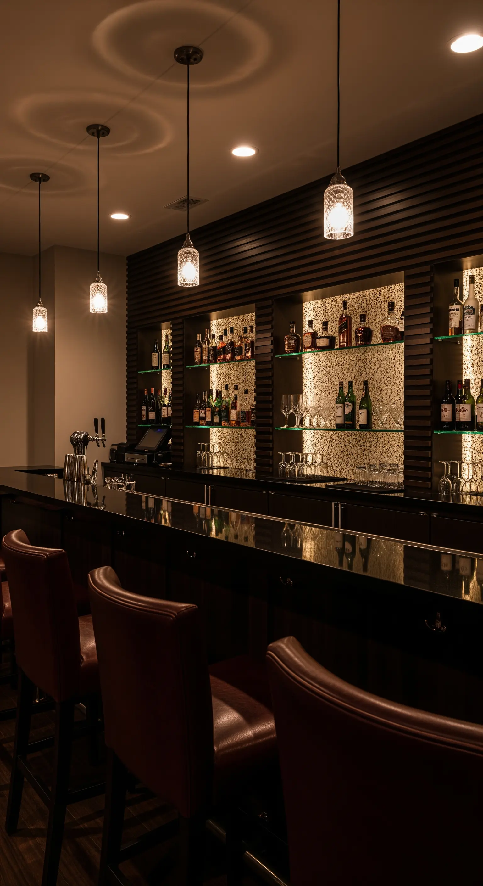 Hausbar mit dunklen Holzlamellen und von hinten beleuchteten Regalnischen.