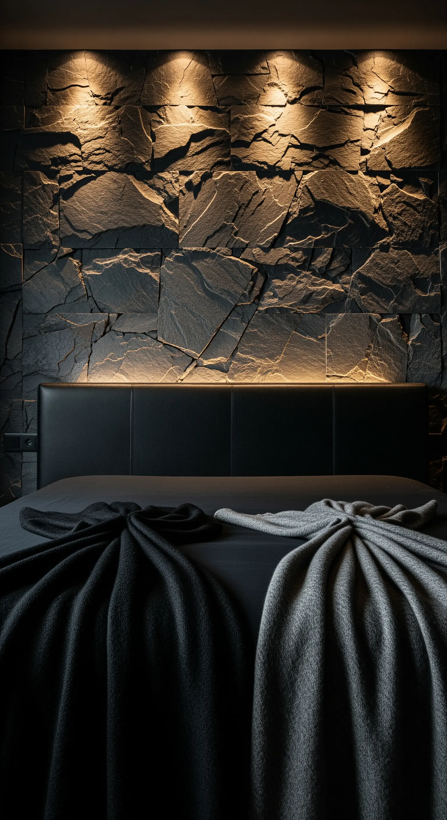 Schieferwand mit Uplighting hinter schwarzem Lederkopfteil