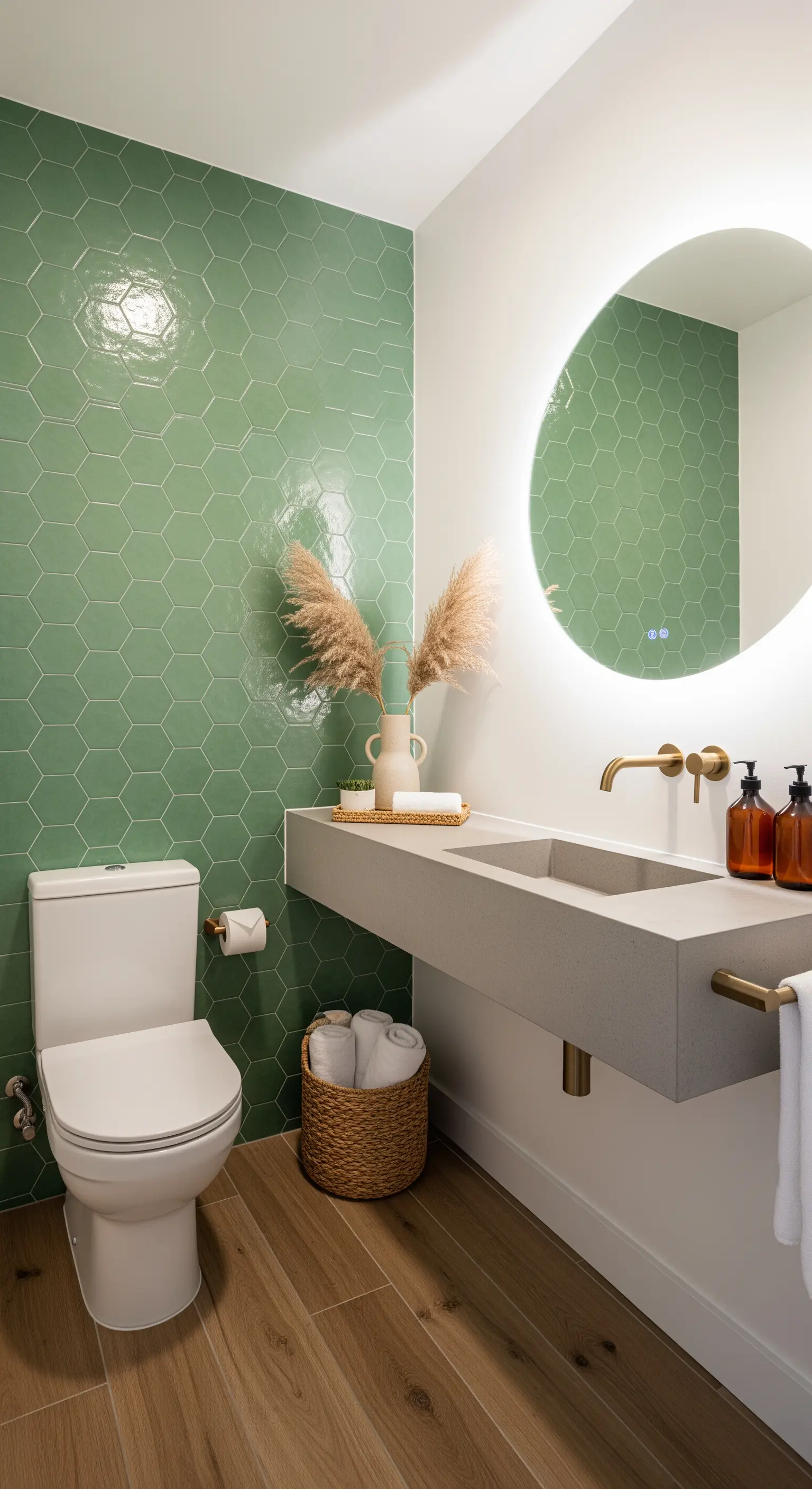 Modernes Bad mit salbeigrünen Hexagonfliesen und hinterleuchtetem Spiegel.